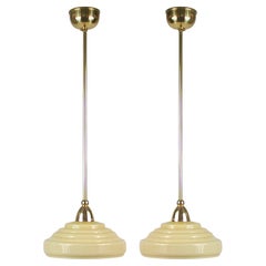 Art Deco Cream Opaline Glass and Brass Pendants, Sweden 1940s, Set of 2