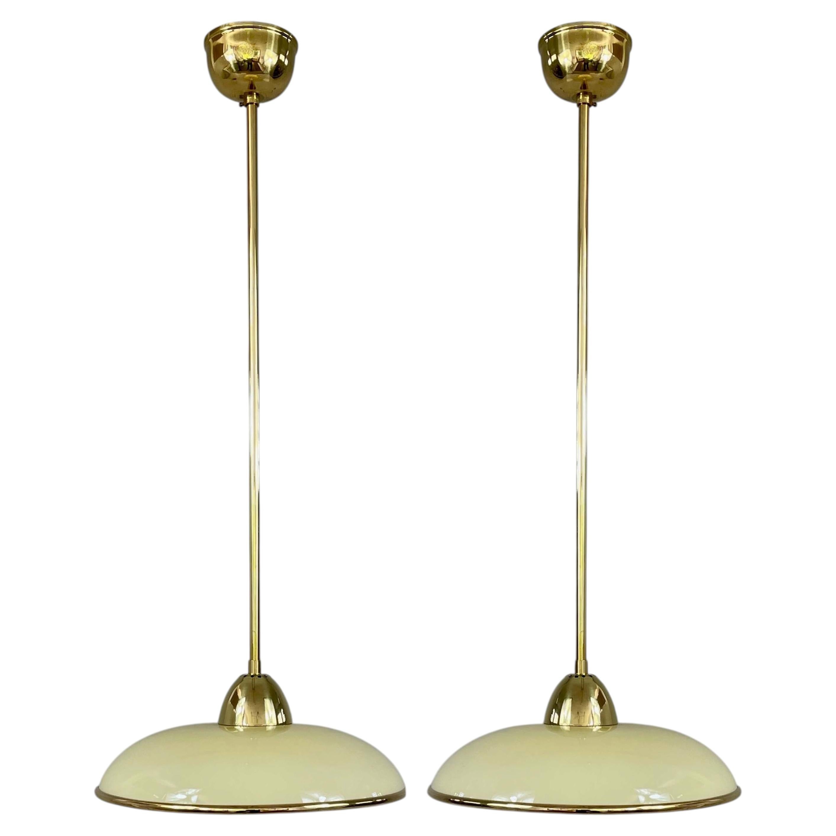 Art Deco Cream Opaline Glass & Brass Pendants, Germany 1930s, Set of 2