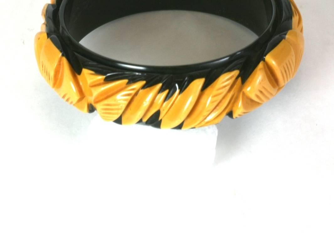 Art Deco Cream to Black Carved Bakelite Bangle  In Excellent Condition In New York, NY