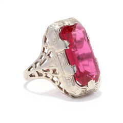 Art Deco Created Ruby Filigree Ring, 14K White Gold, Ring, Rectangle
