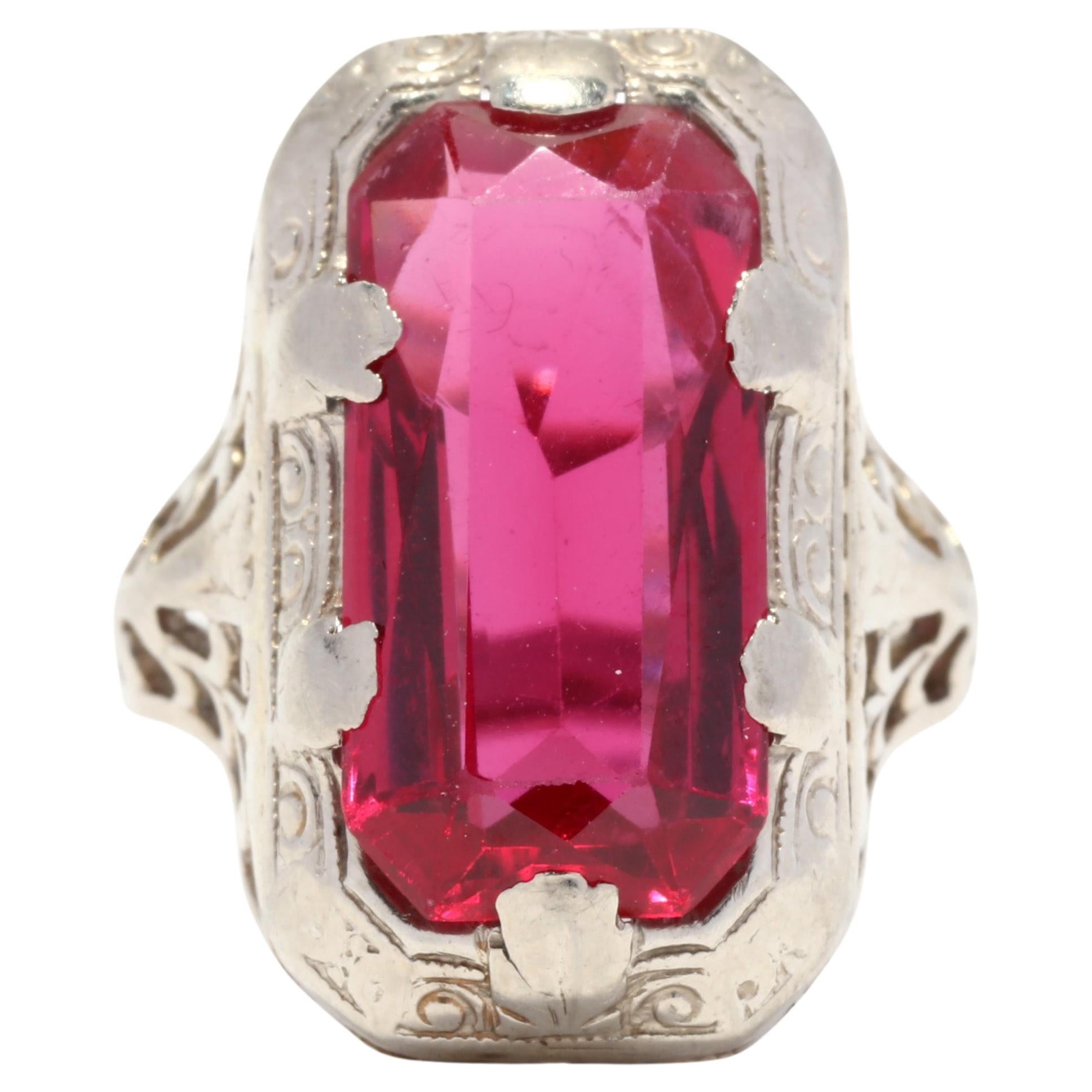 Art Deco Created Ruby Filigree Ring, 14K White Gold, Ring, Rectangle