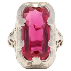 Art Deco Created Ruby Filigree Ring, 14K White Gold, Ring, Rectangle