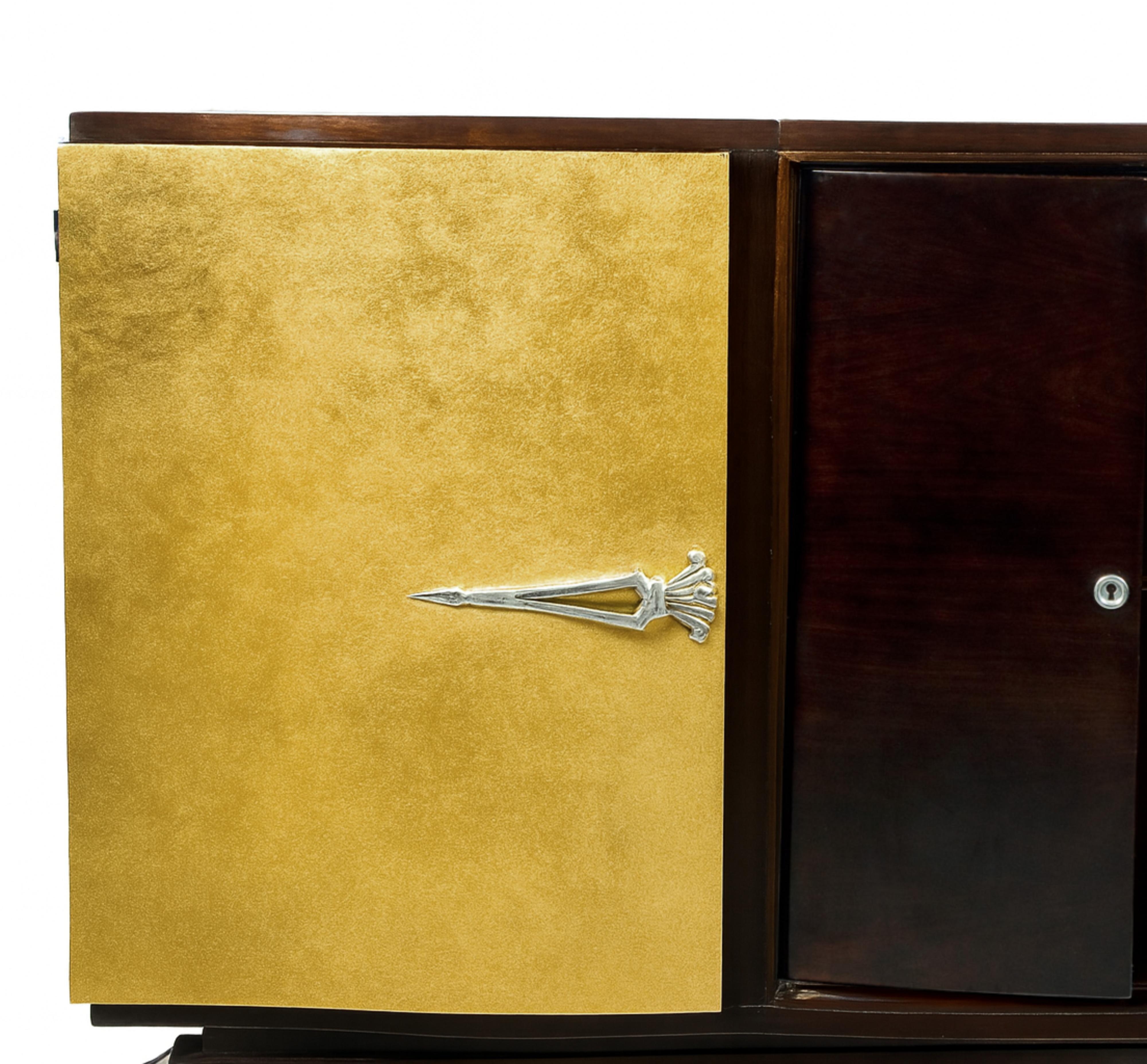 Brass Art Deco Credenza Gilt Walnut Refinished, 20th Century For Sale
