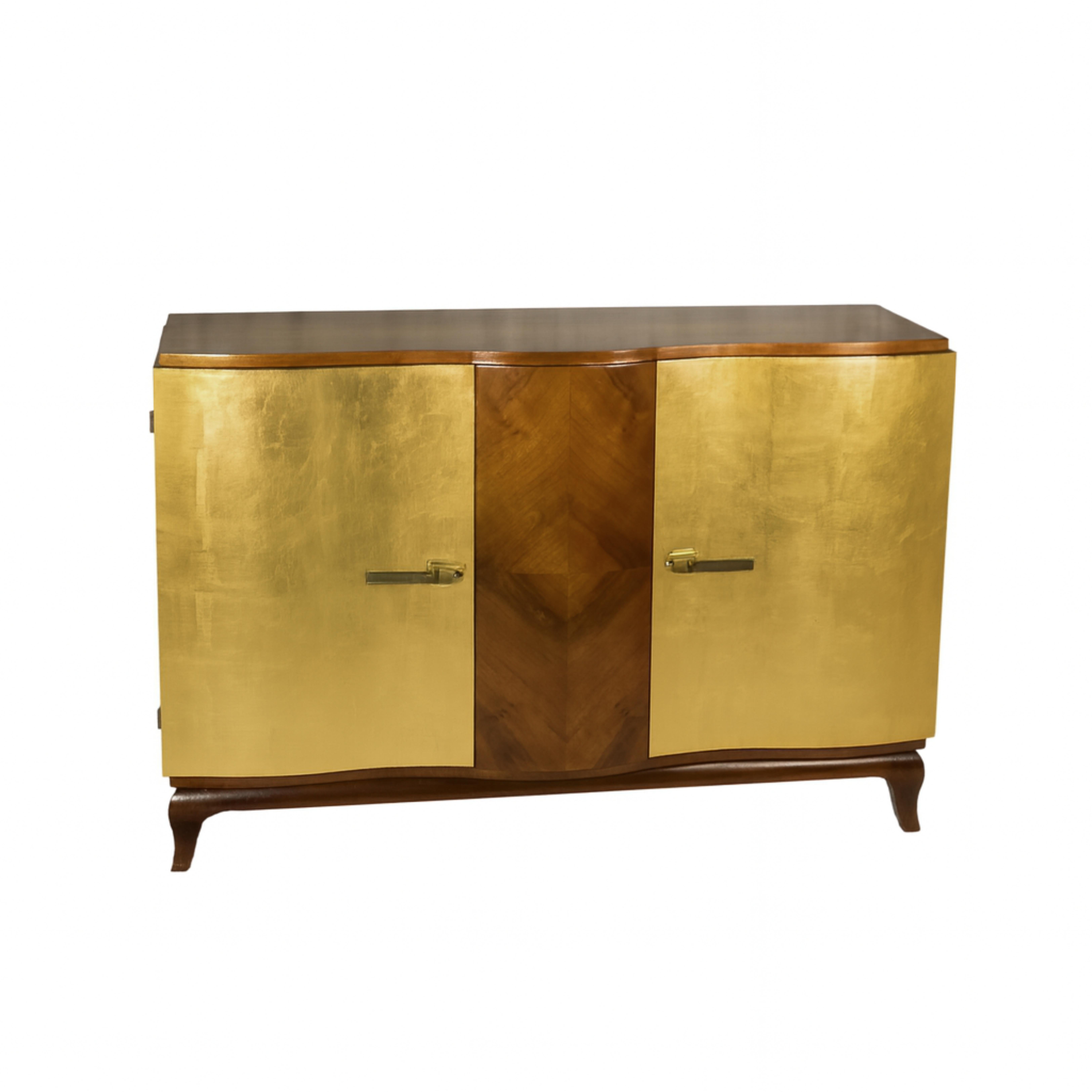 An Art Deco streamline Sideboard gilt refurbished in walnut wood, from the 20th Century, crafted in Belgium.

The buffet stands on four flared legs and features two doors with metal hardware and offers a stylish storage solution for apartments or