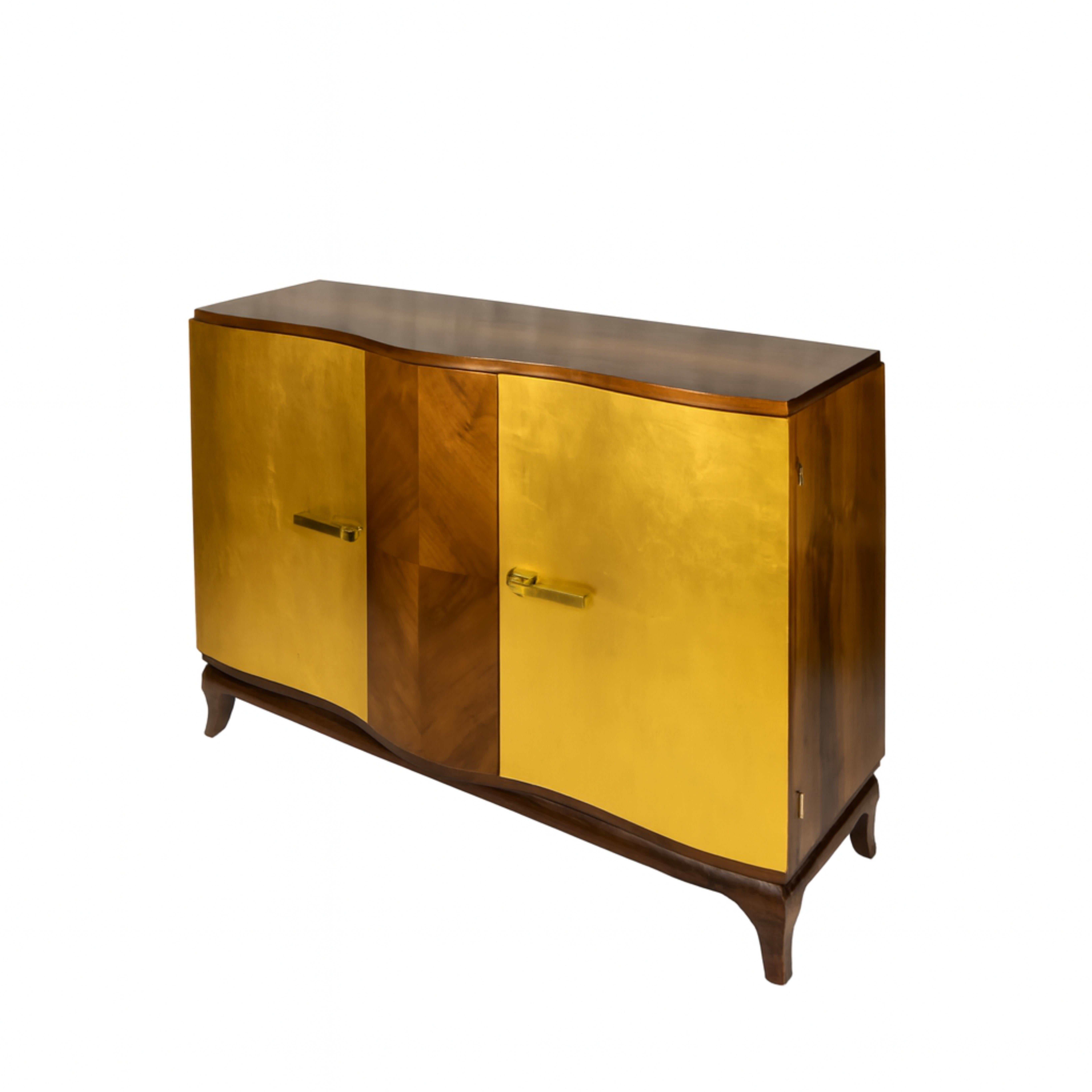 Brass Art Deco Credenza Gilt Walnut Sideboard, Belgian 20th Century For Sale