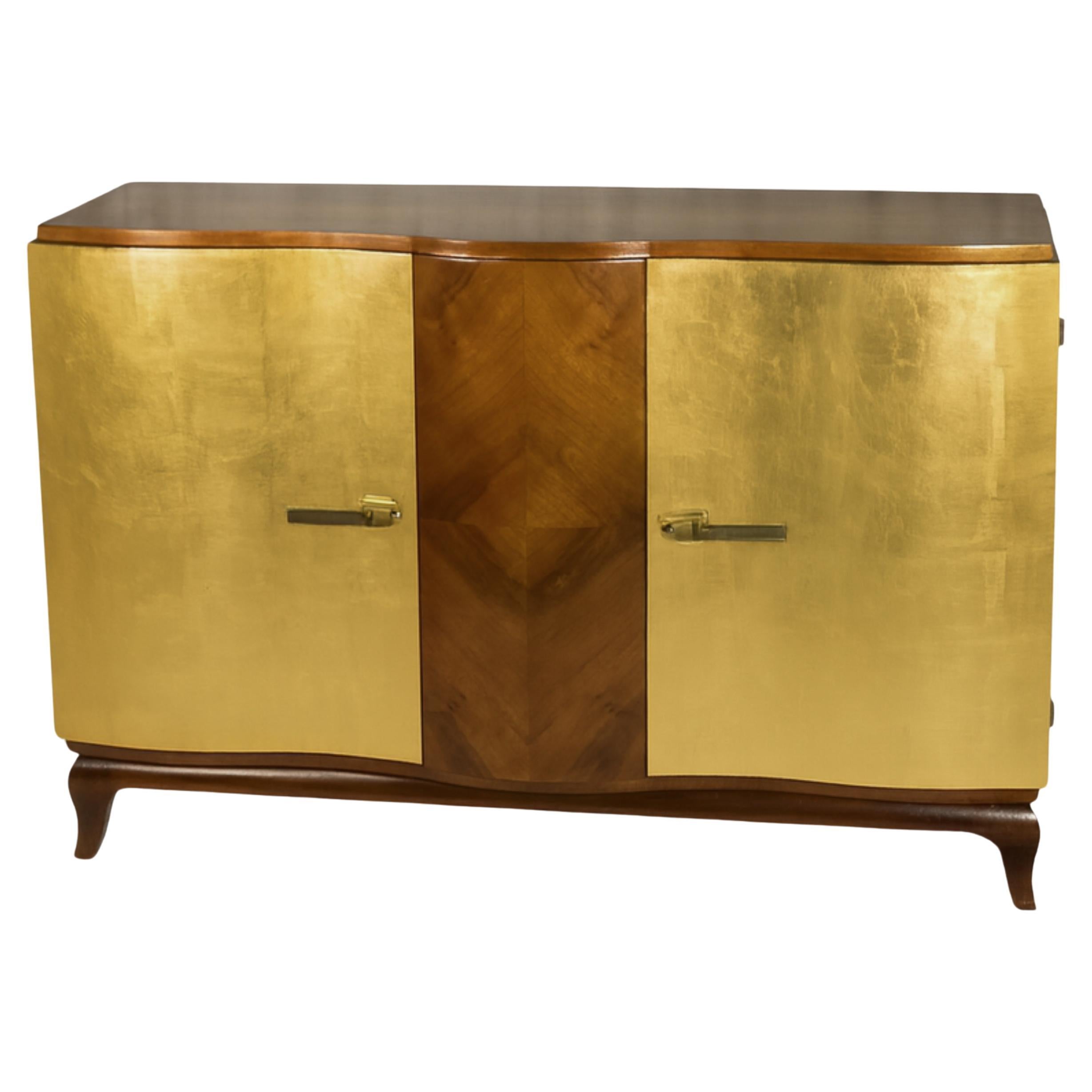 Credenza Art Déco in noce foglia d'oro, Belgio, 20° secolo