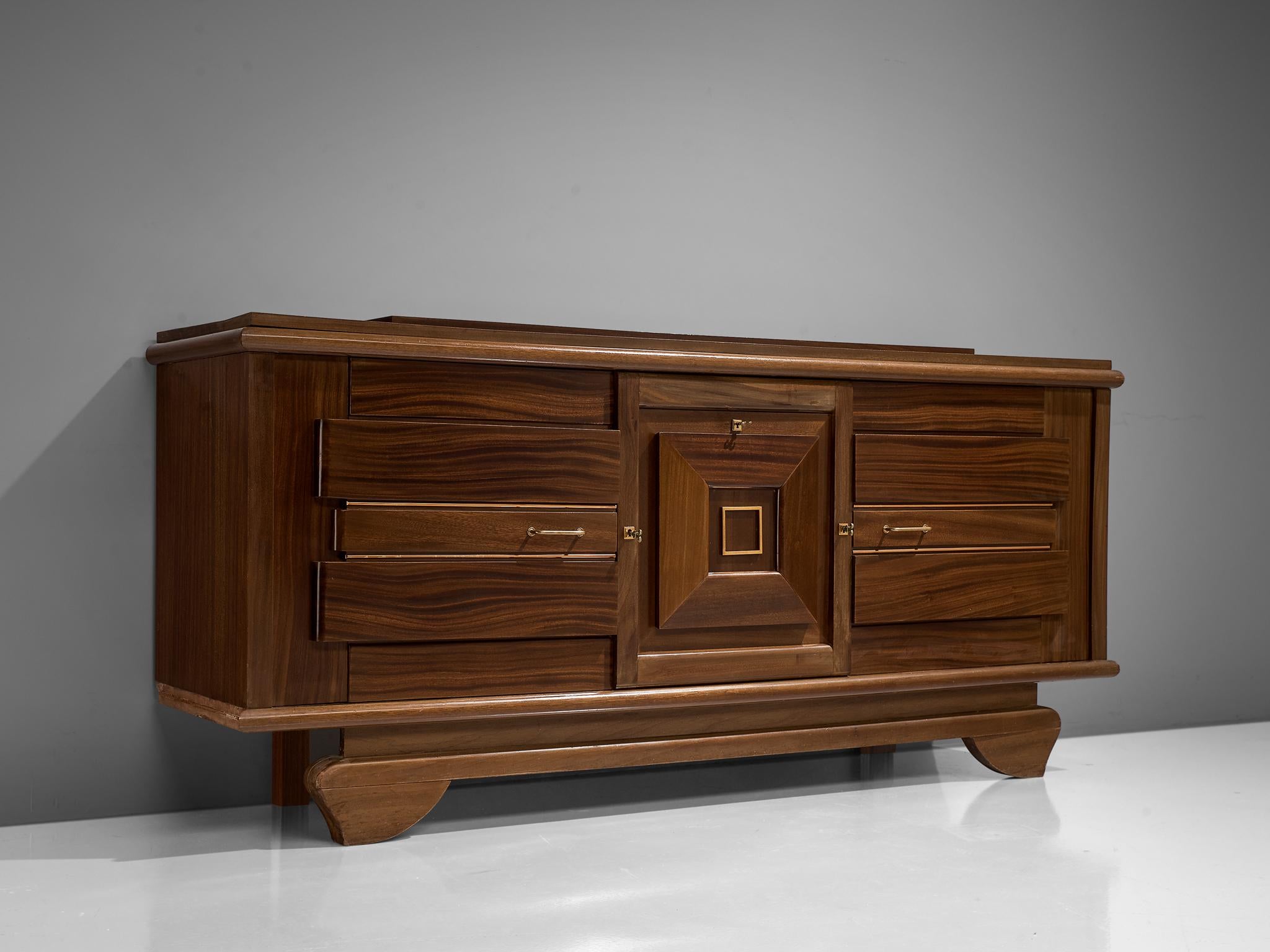 Credenza, mahogany, France, 1940s. 

Rare Art Deco sideboard in solid mahogany and elegant brass details. A well designed piece that is crafted with beautiful details, for instance the parquet top from mahogany veneer. The sideboard contains
