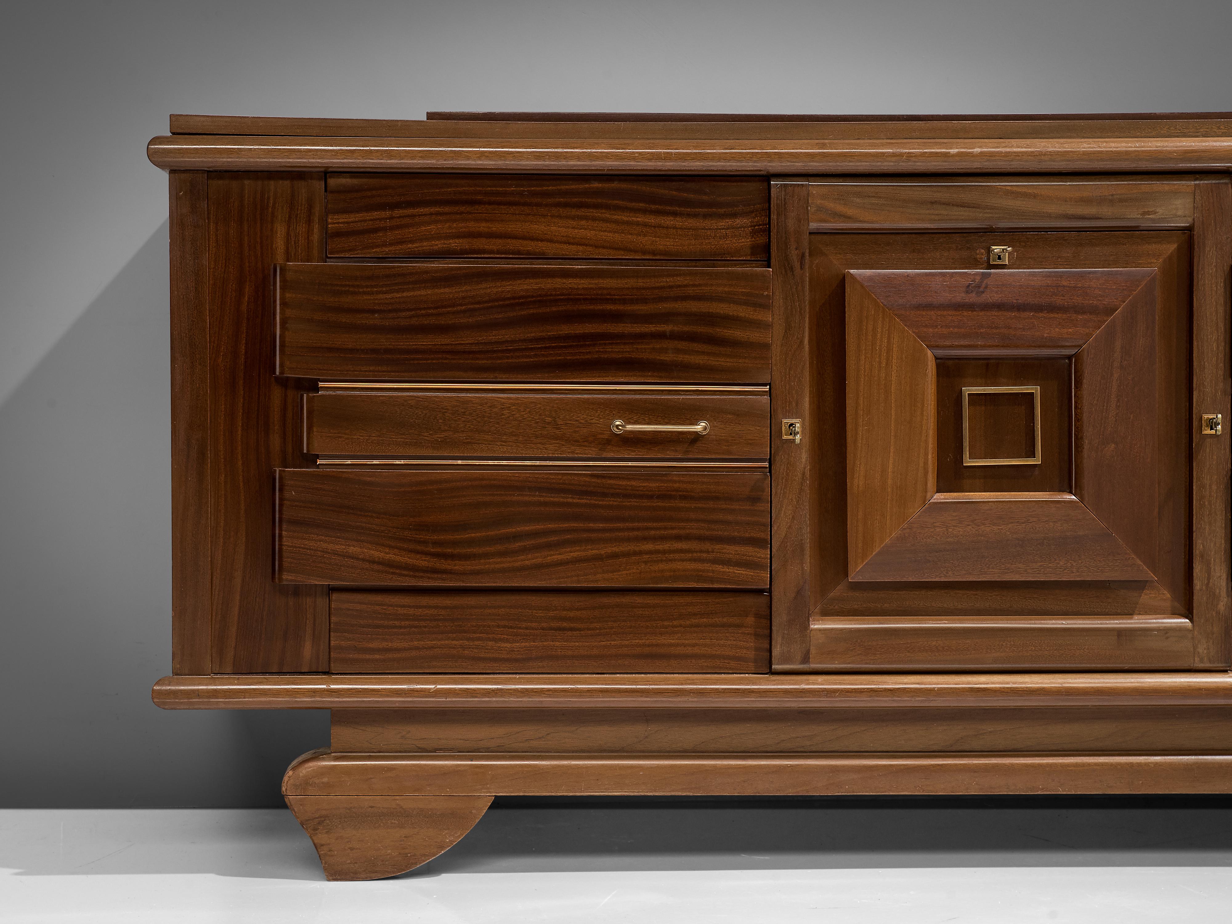 Mid-20th Century French Art Deco Sideboard in Mahogany and Brass For Sale