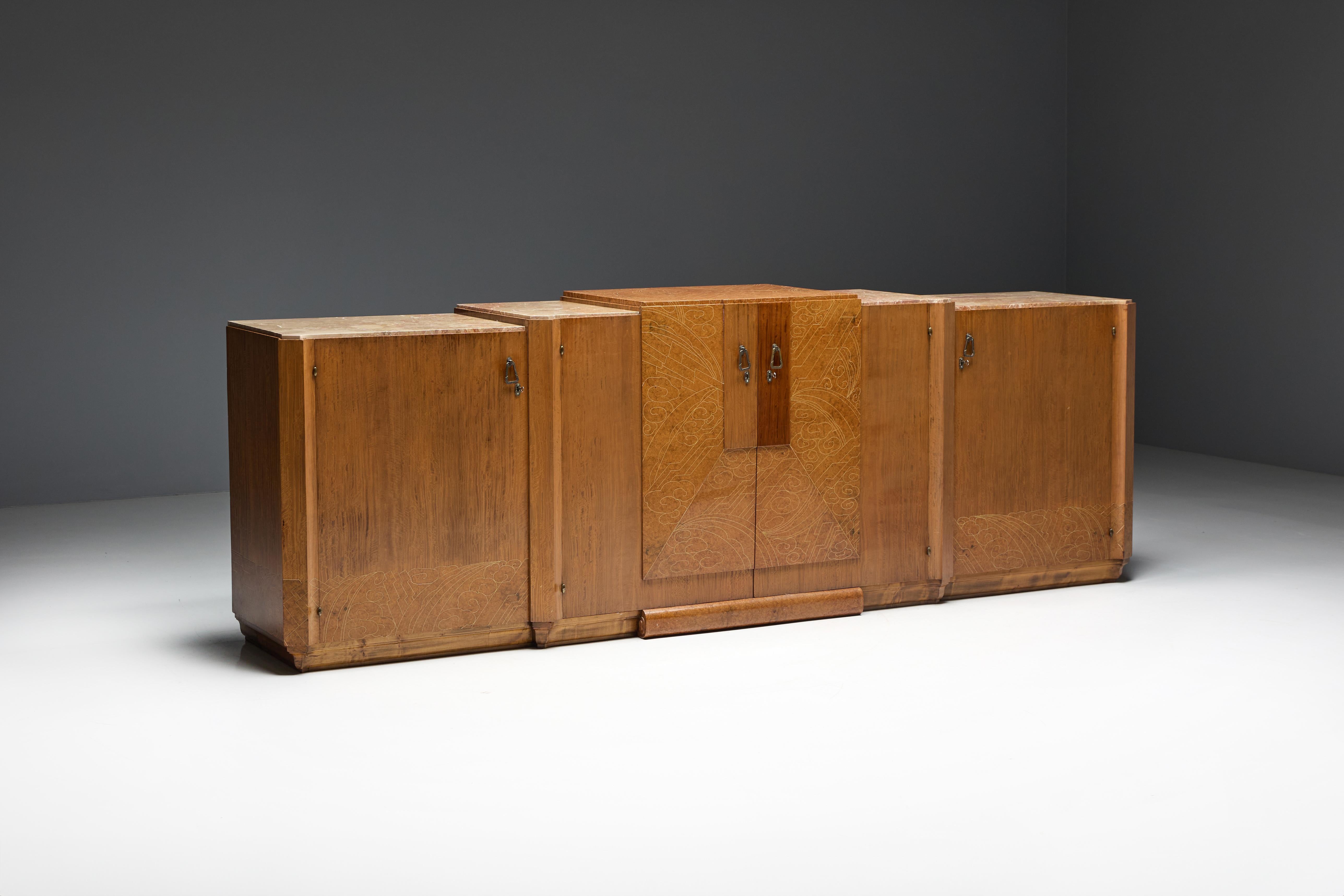 Crédence Art déco en marbre et bois de ronce, France, années 1930 en vente 9