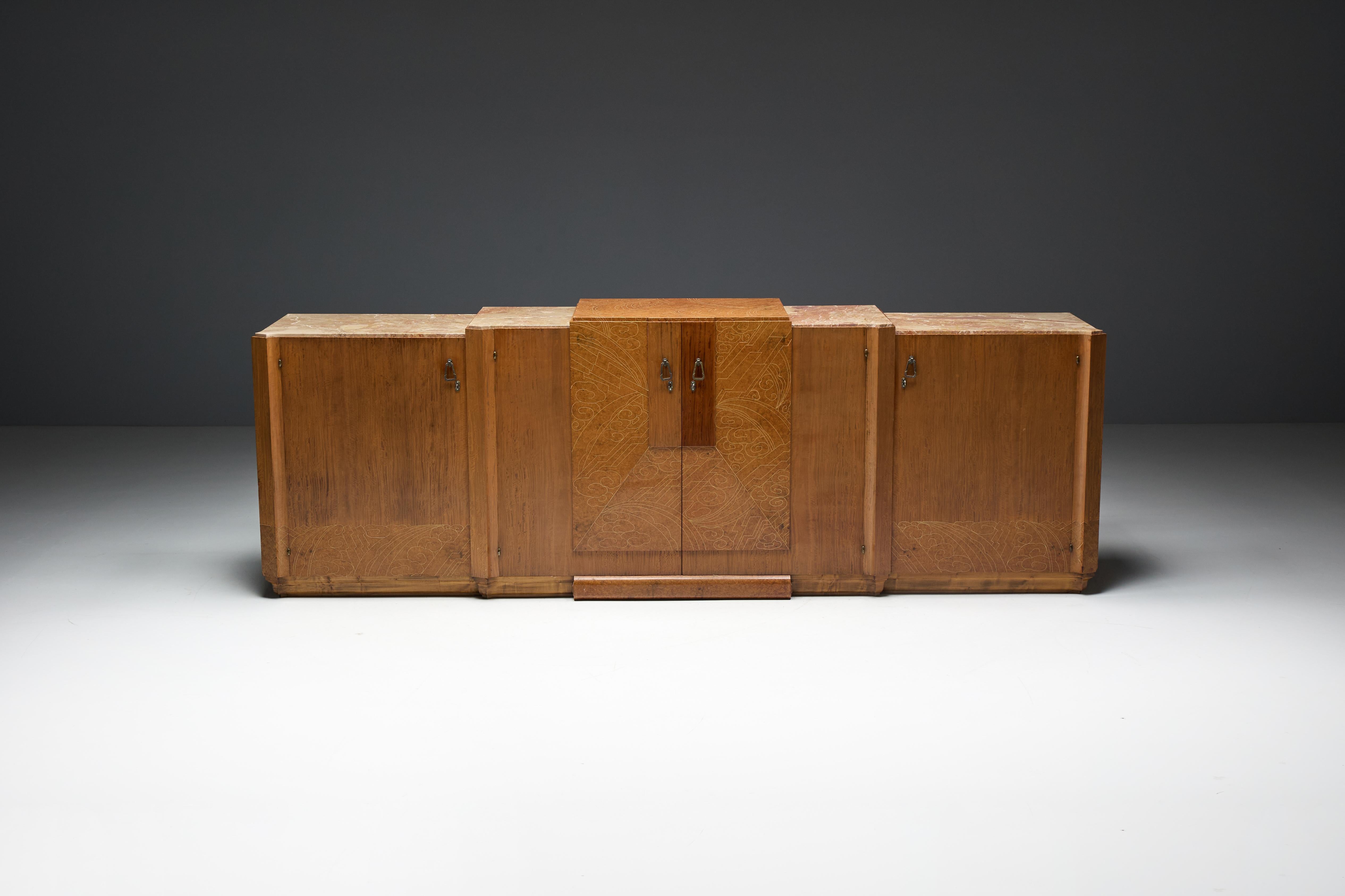 Marbre Crédence Art déco en marbre et bois de ronce, France, années 1930 en vente