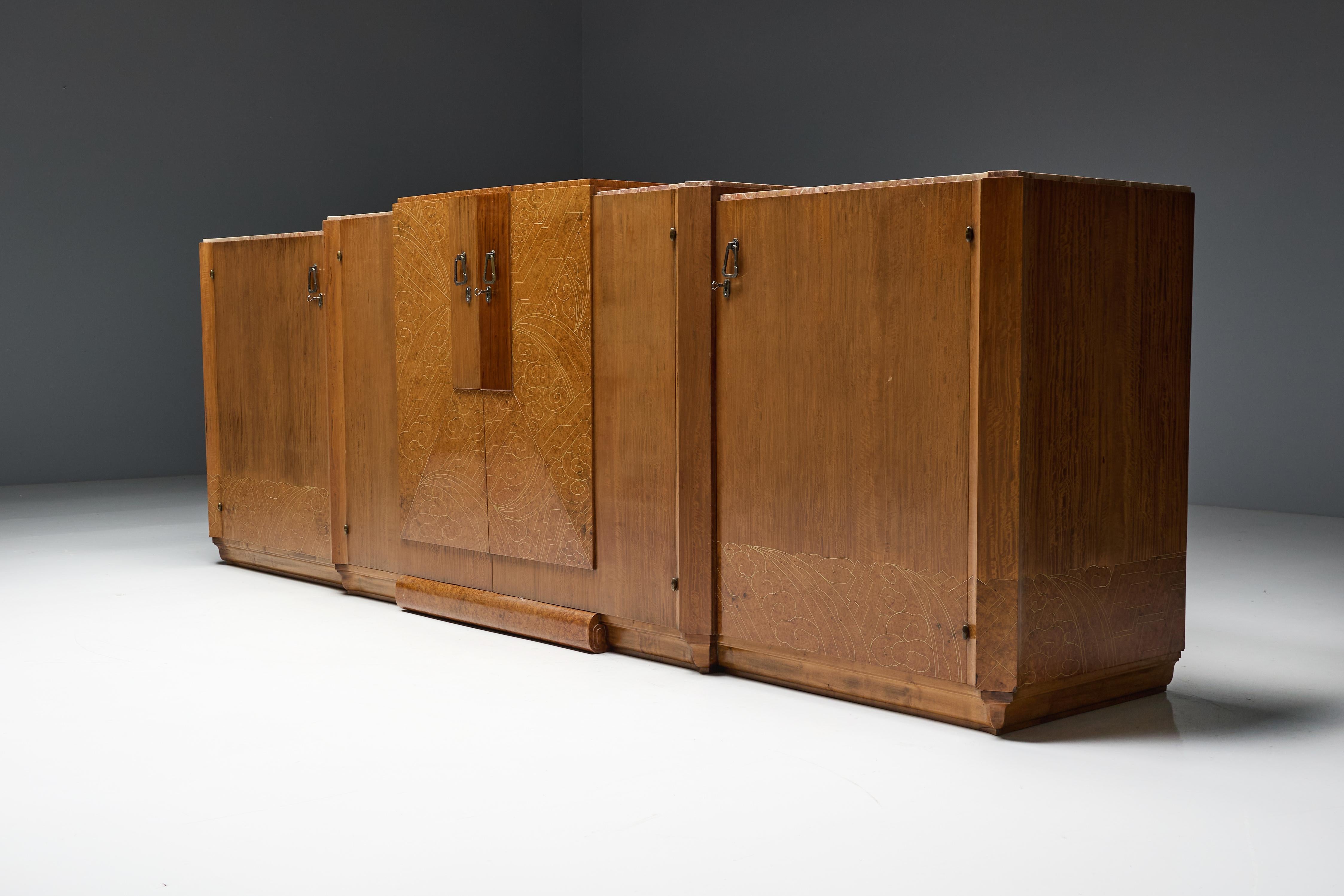 Crédence Art déco en marbre et bois de ronce, France, années 1930 en vente 3