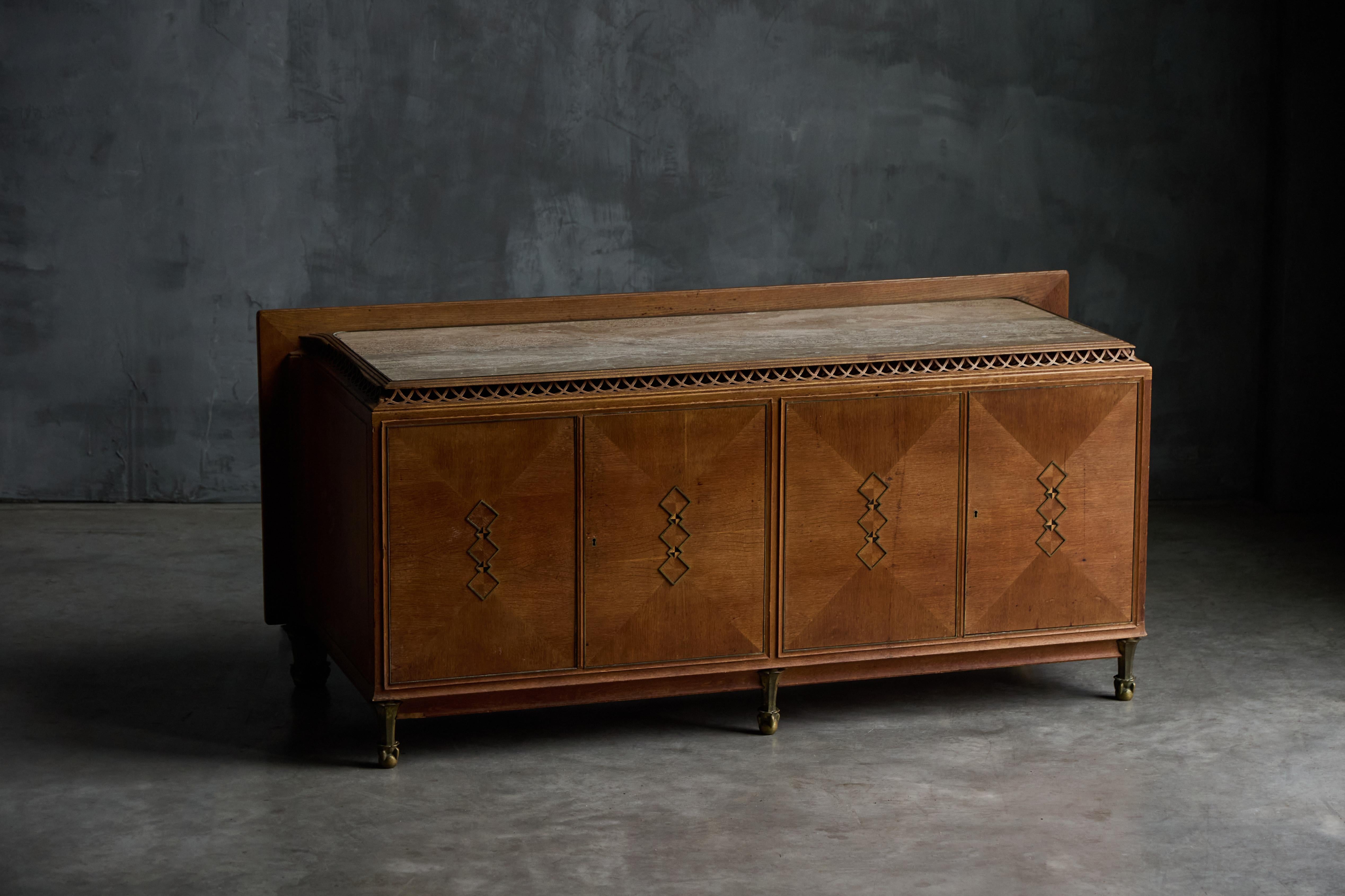 20th Century Art Deco Credenza in Oak and Marble, France, 1930s