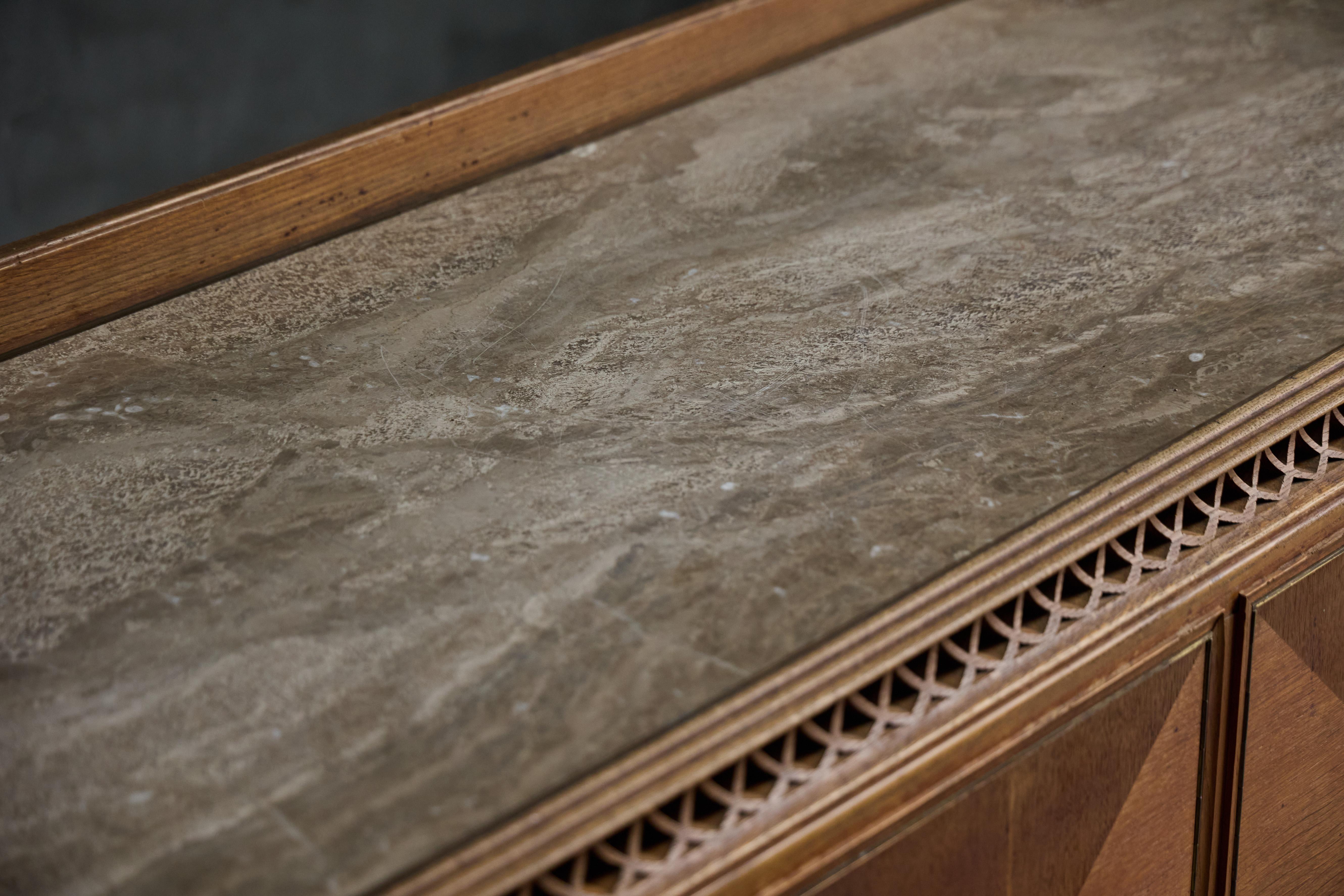 Bronze Art Deco Credenza in Oak and Marble, France, 1930s