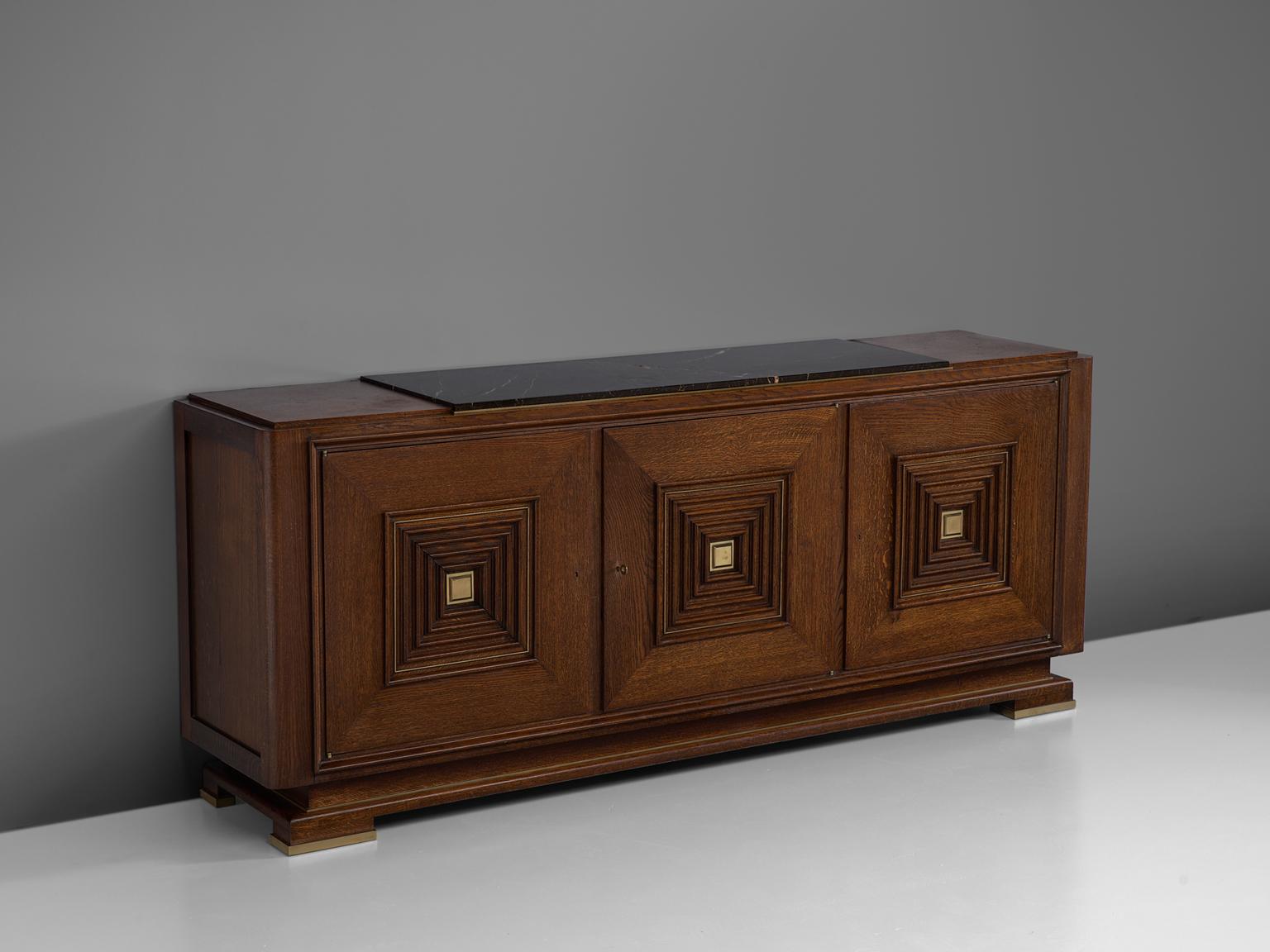 Art Deco Credenza in Oak with Marble Top and Brass Details, 1930s (Art déco)