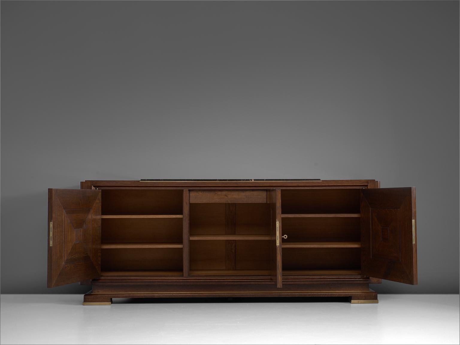 Mid-20th Century Art Deco Credenza in Oak with Marble Top and Brass Details, 1930s