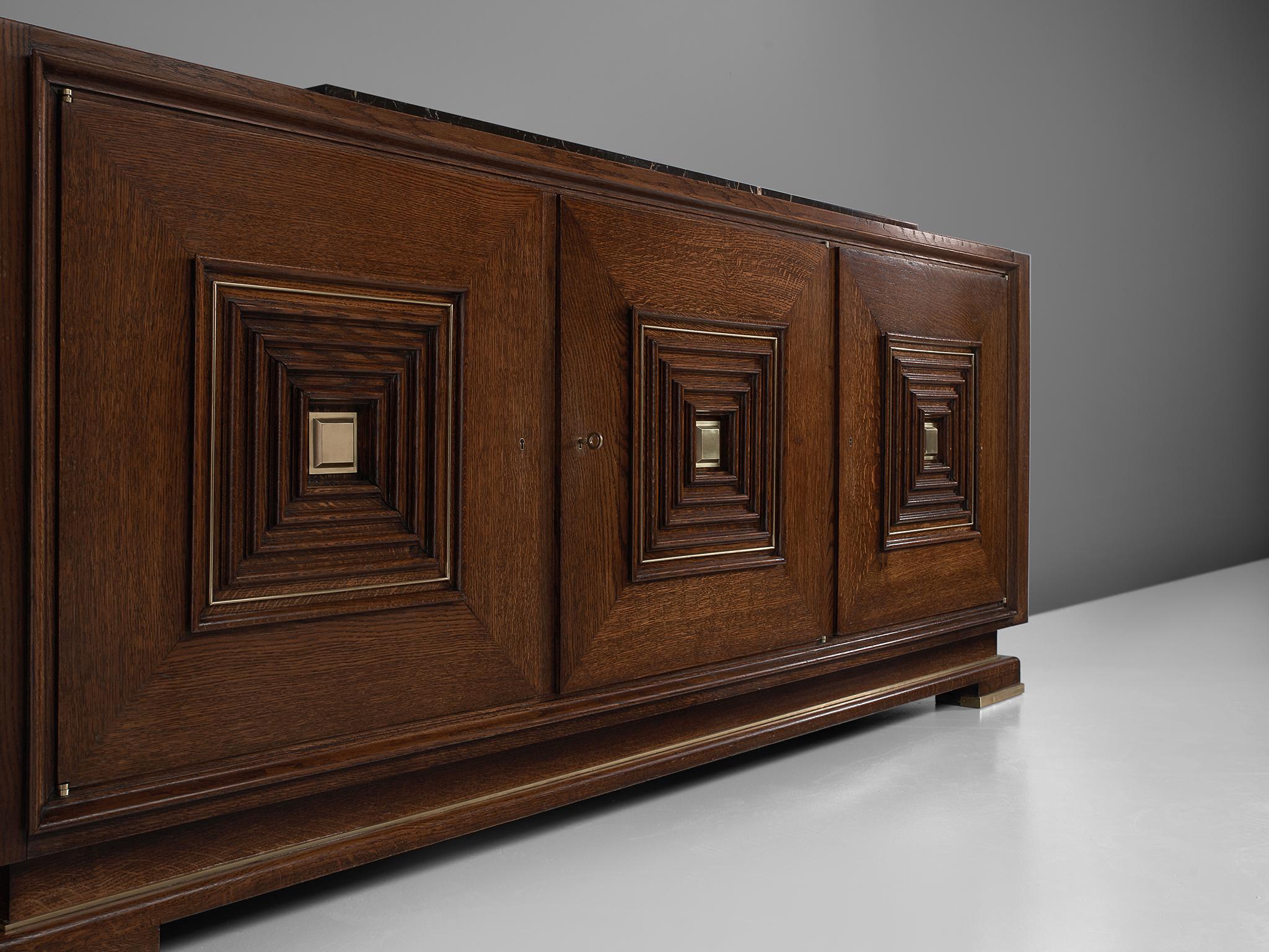 Brass Art Deco Credenza in Oak with Marble Top