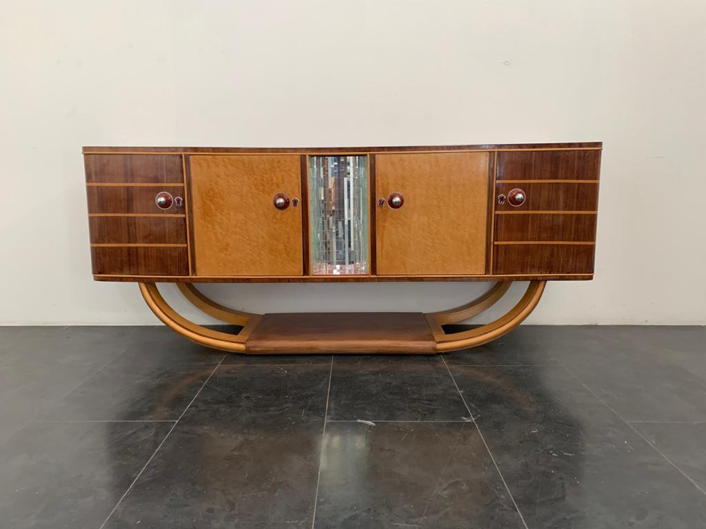 Italian Art Deco Credenza in Rosewood and Maple with Mirror by Paolo Buffa, 1940s, Set