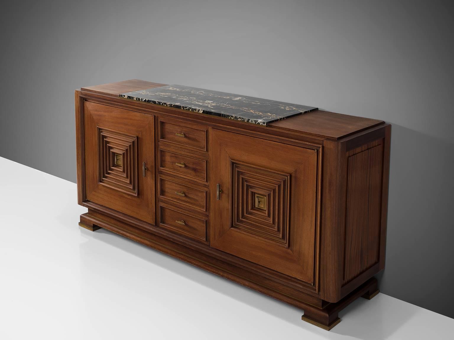 French Art Deco Credenza in Walnut and Marble, circa 1930