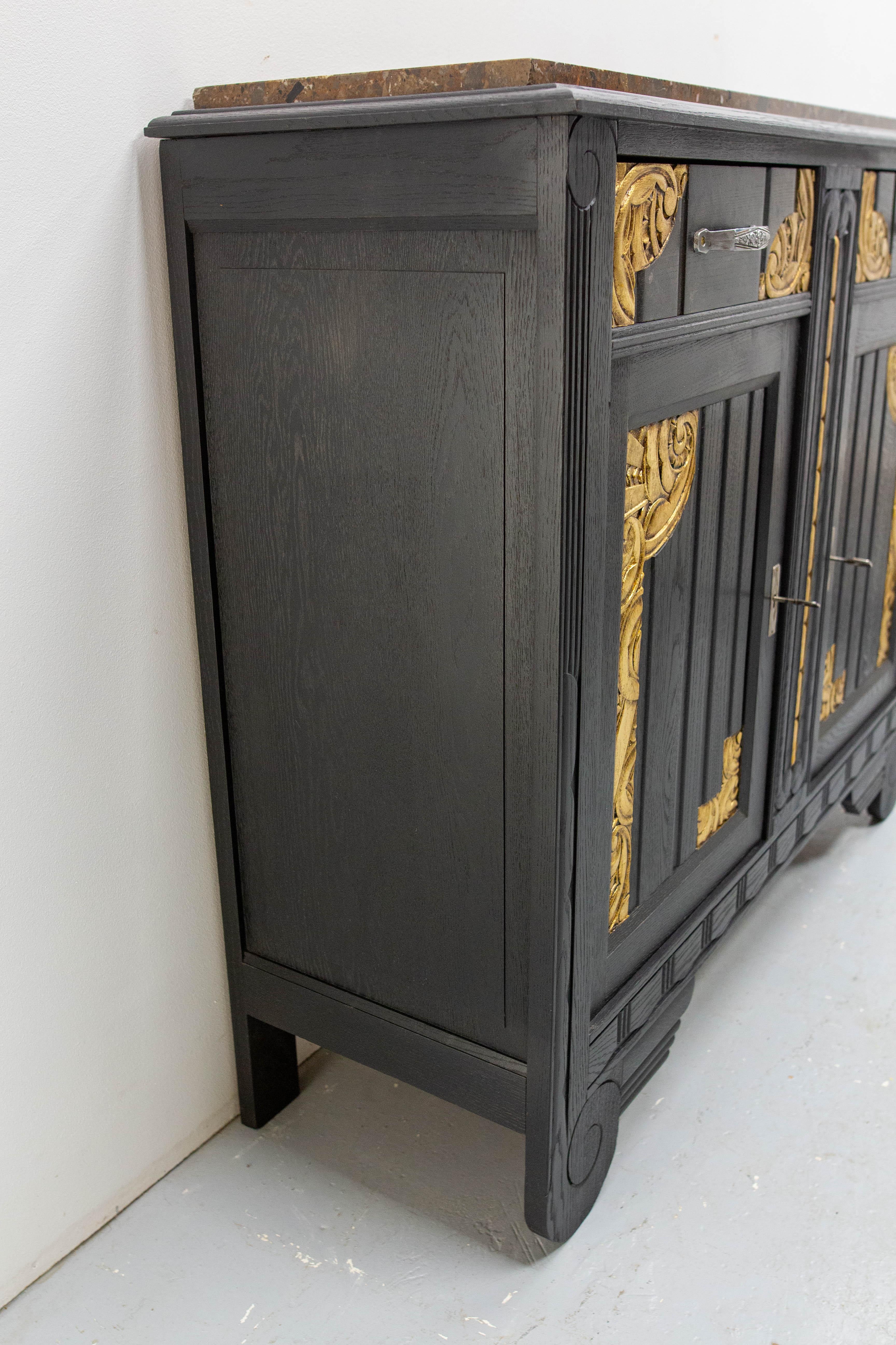 Français Art Deco Credenza Sideboard French Black & Golden Refinished Buffet, circa 1930 en vente