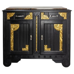 Art Deco Credenza Sideboard French Black & Golden Refinished Buffet, circa 1930