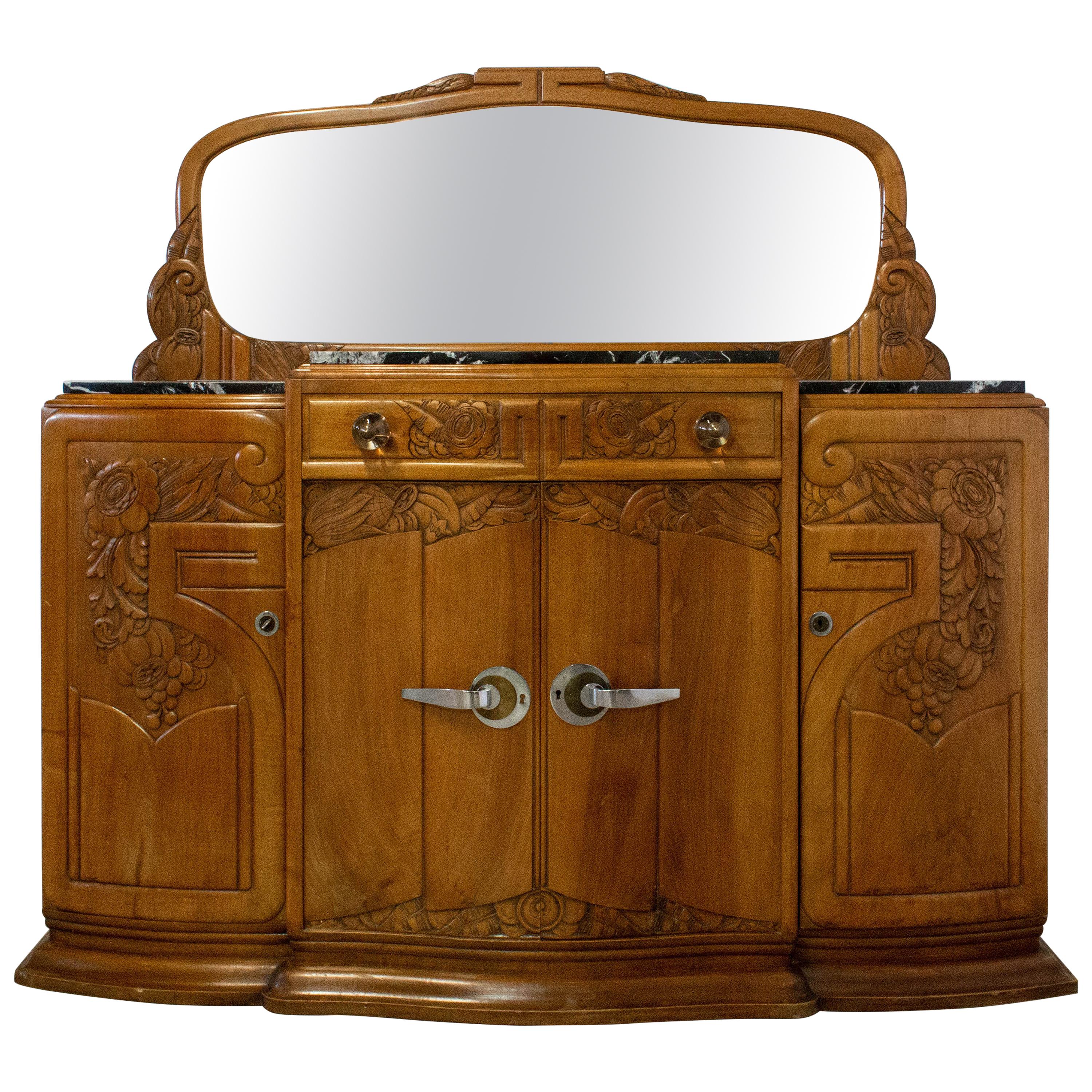 Art Deco Credenza Sideboard Marble-Top French Dresser Buffet, circa 1930