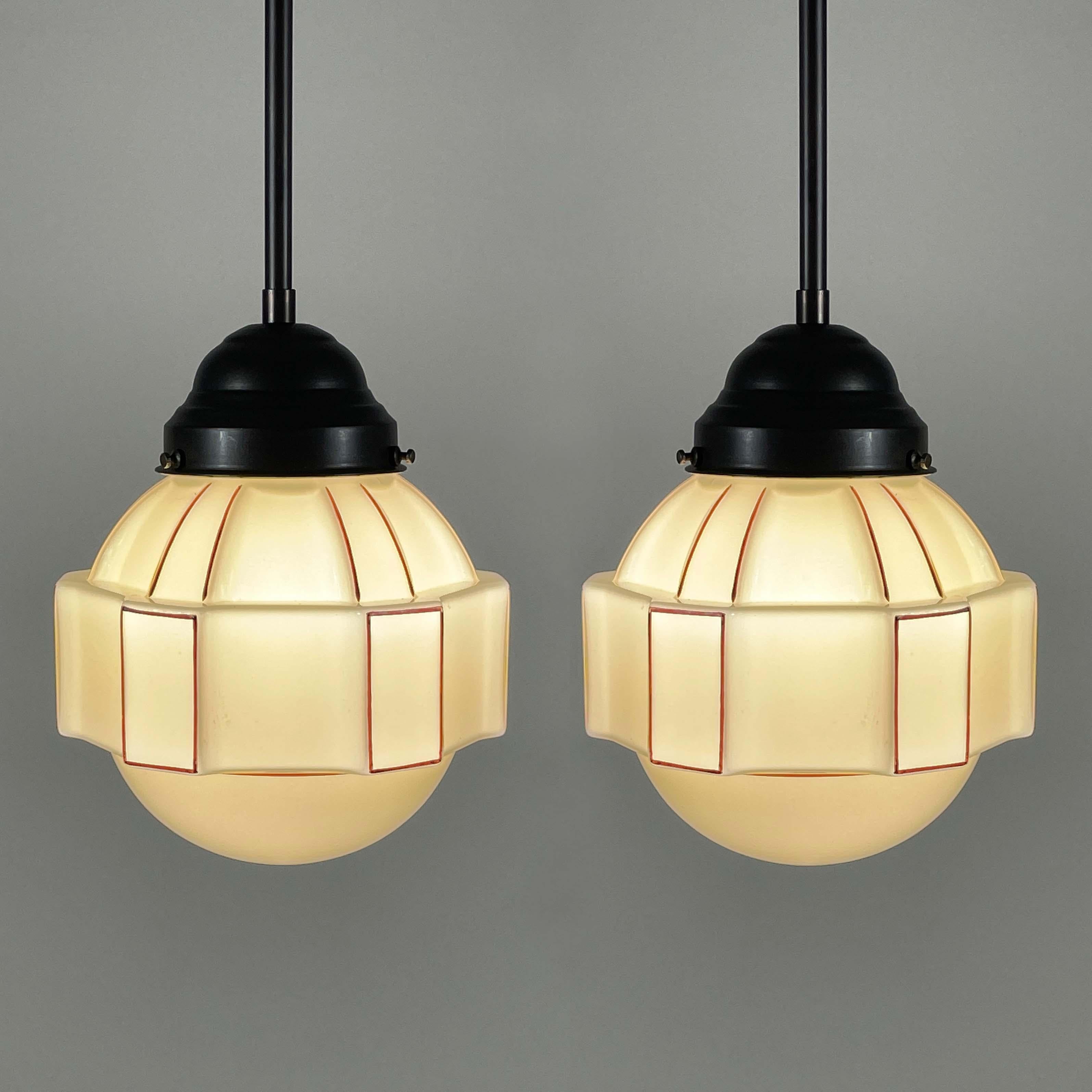 Burnished Art Deco Creme Opaline Pendants, Set of 2, Sweden 1930s For Sale