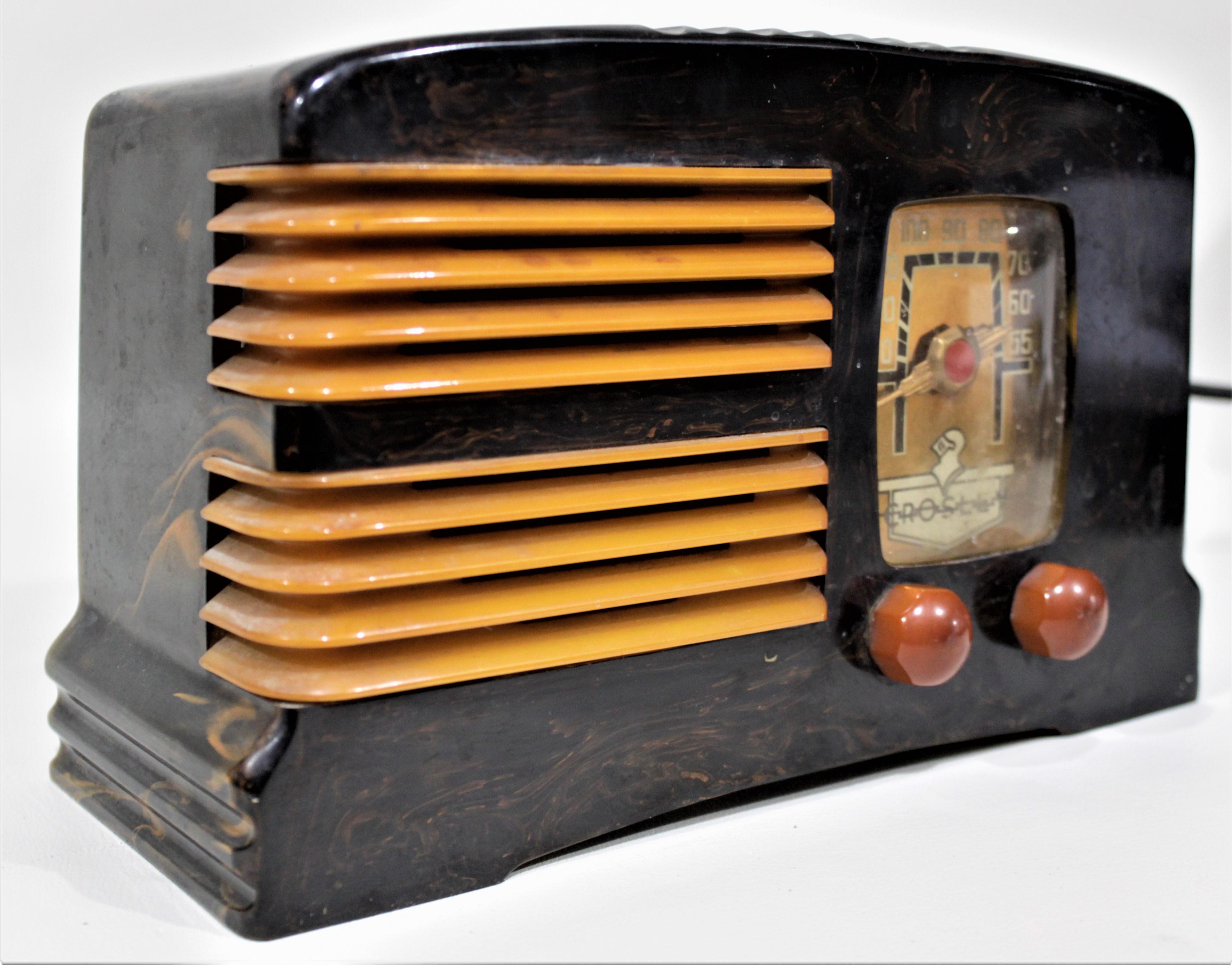 This Crosely model G-1465 radio was produced by the Moffats Limited of Weston Ontario Canada, now Toronto in the period and style of the Art Deco movement. The radio is composed of catalin, which pre-dates bakelite, and is done in a black and