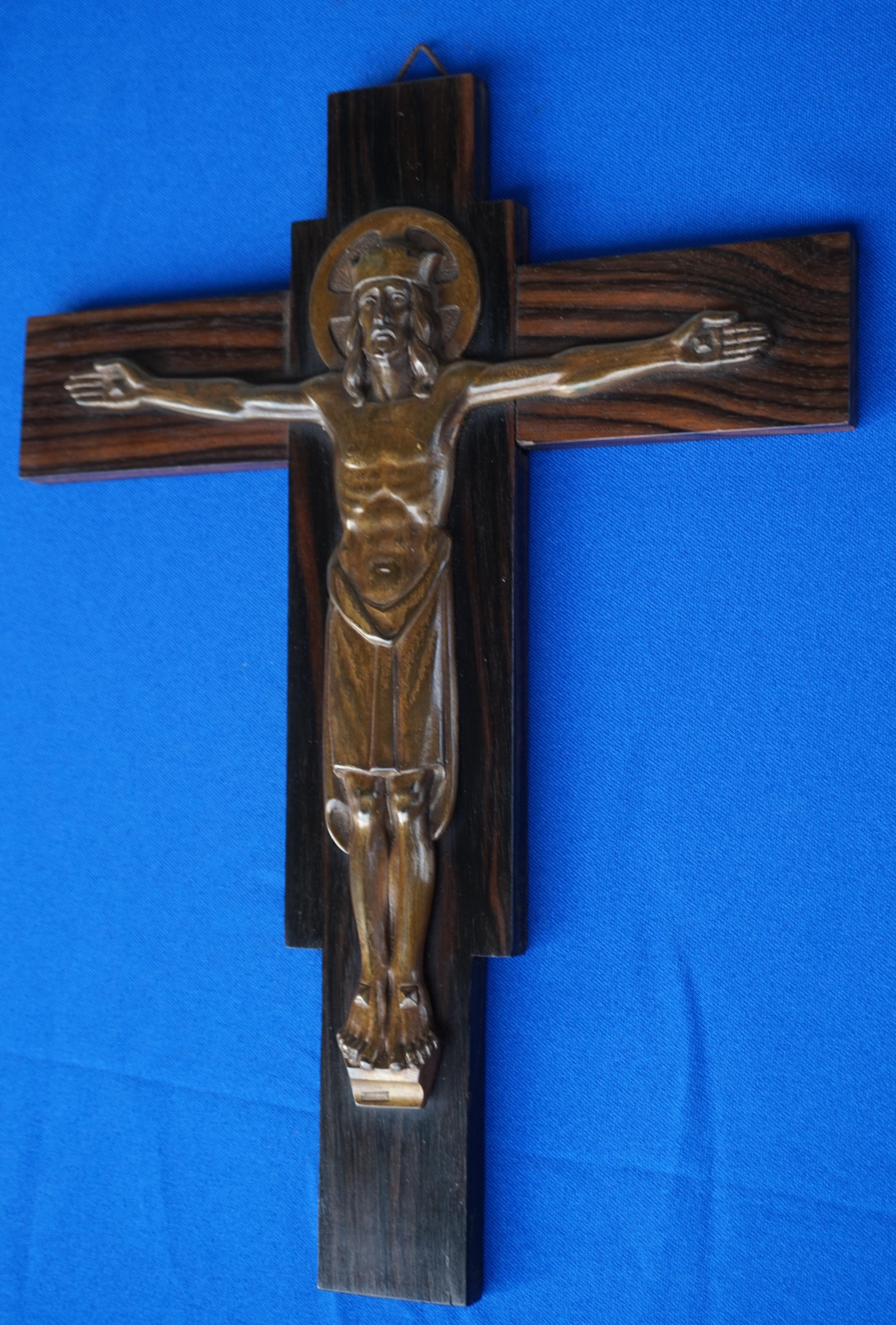 Circa 1930s Gorgeous Art Piece Display Piece Wow Handmade Religious Piece Large Antique Art Deco Oak Crucifix