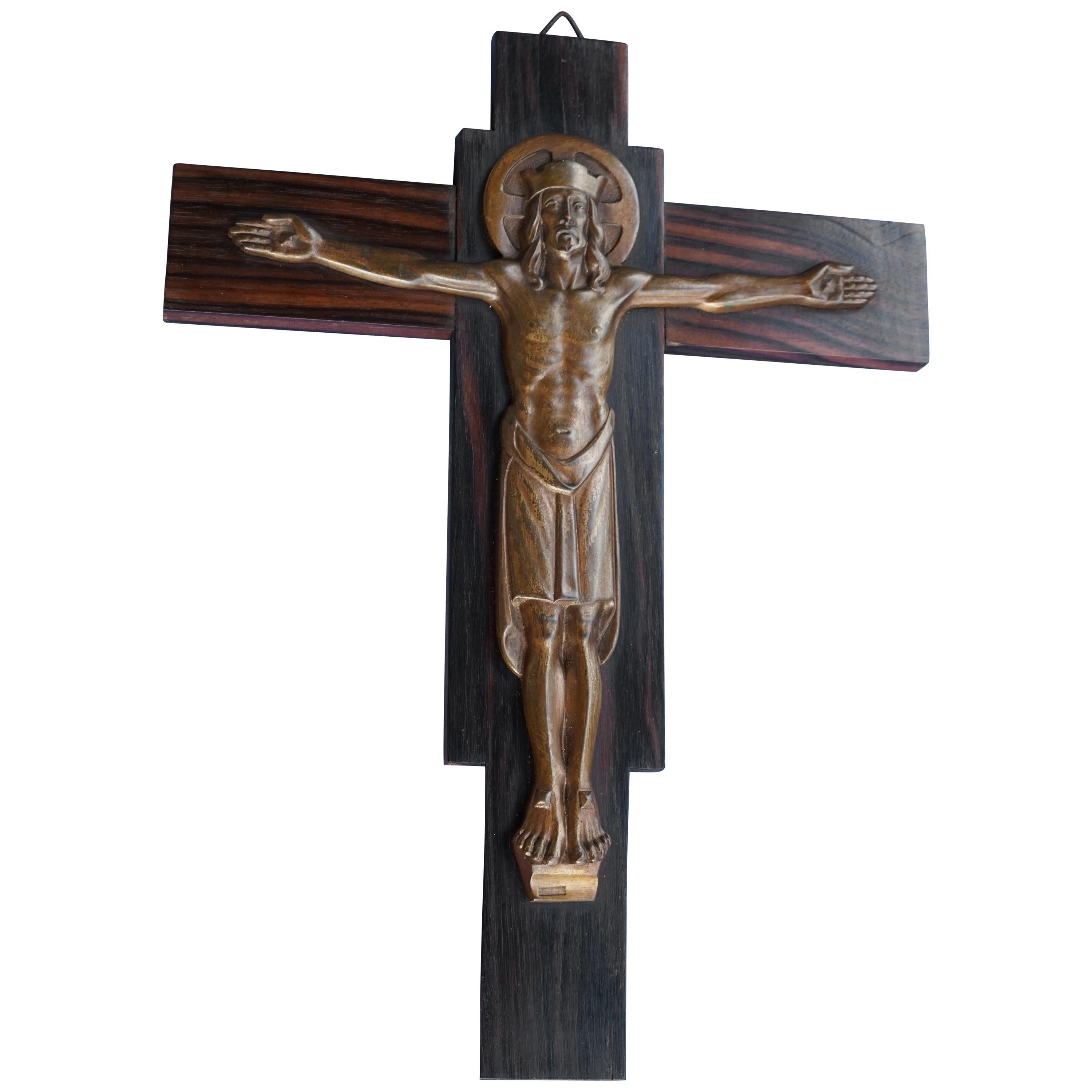 Art Deco Crucifix Depicting a Crowned Bronze Jesus On A Coromandel Wooden Cross