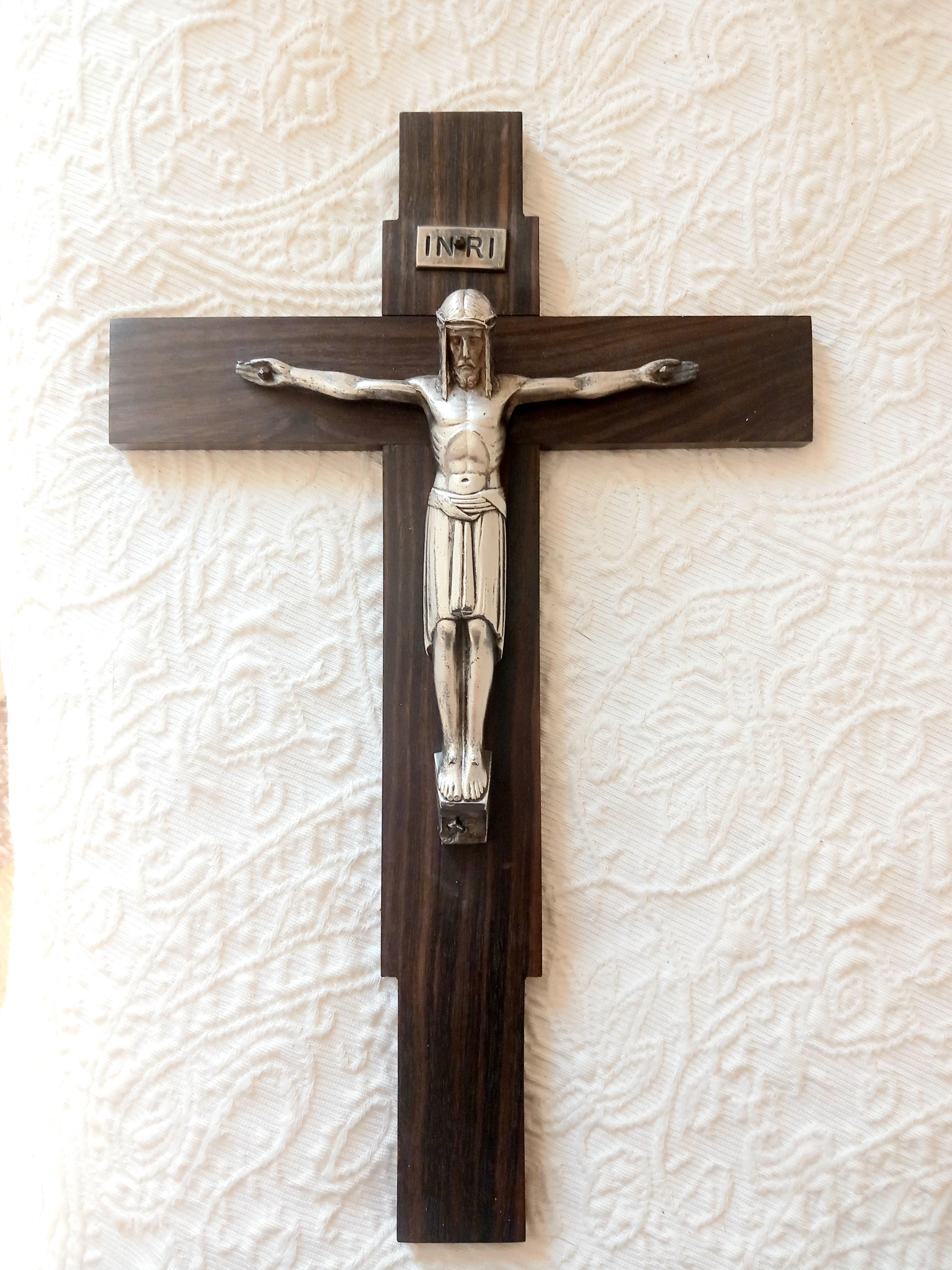 Art Deco Crucifix Silver or Alpaca and Coromandel Wood, Spain, 1930s For Sale 5