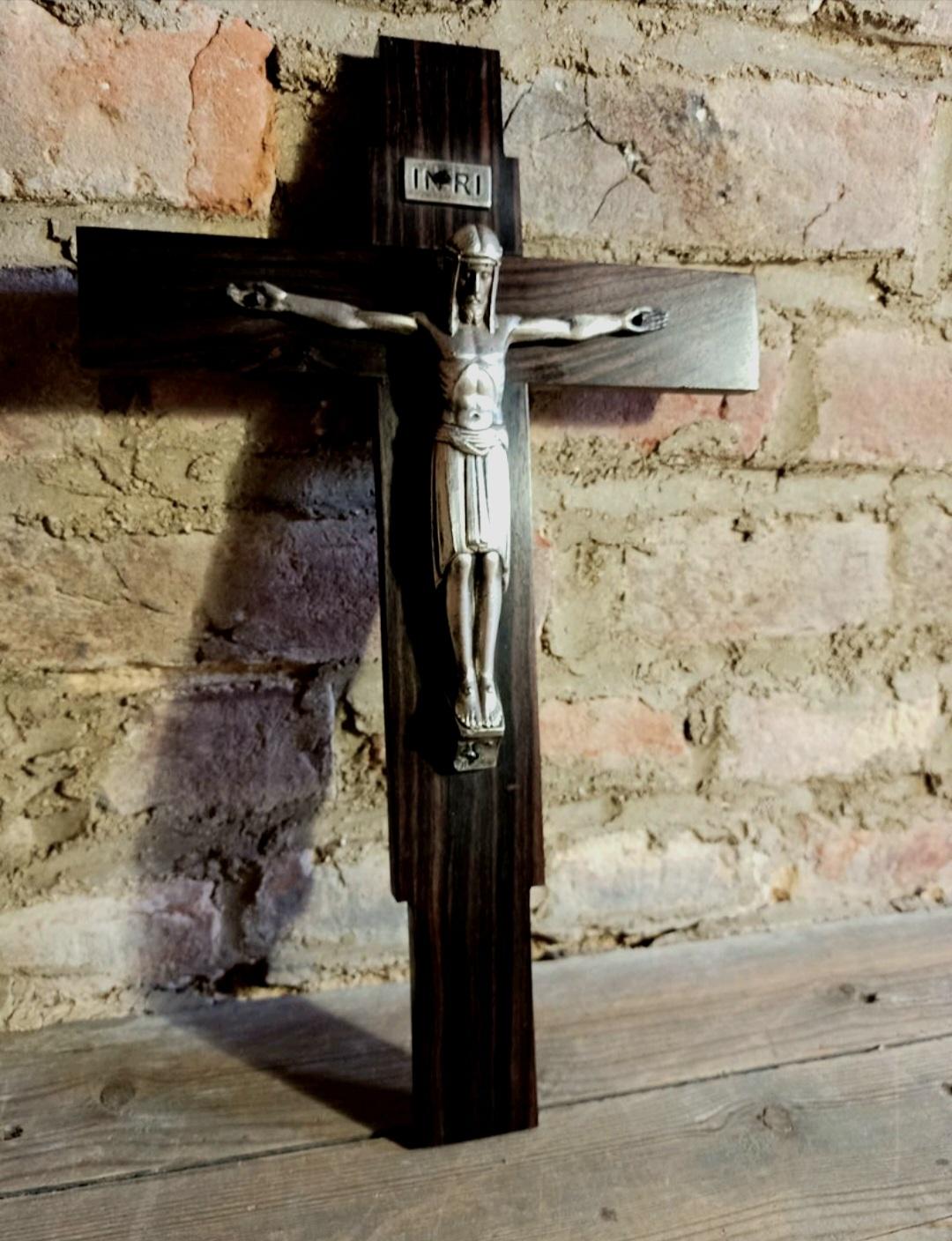 Art Deco Crucifix Silver or Alpaca and Coromandel Wood, Spain, 1930s For Sale 6