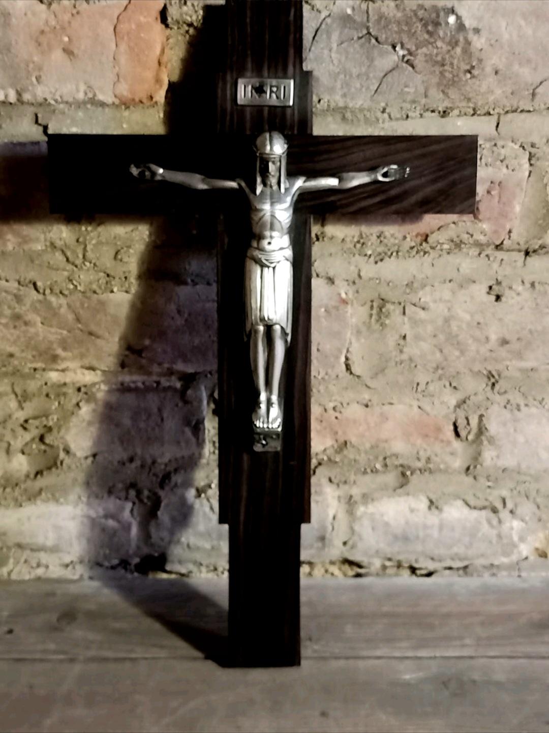 Art Deco Crucifix Silver or Alpaca and Coromandel Wood, Spain, 1930s For Sale 7