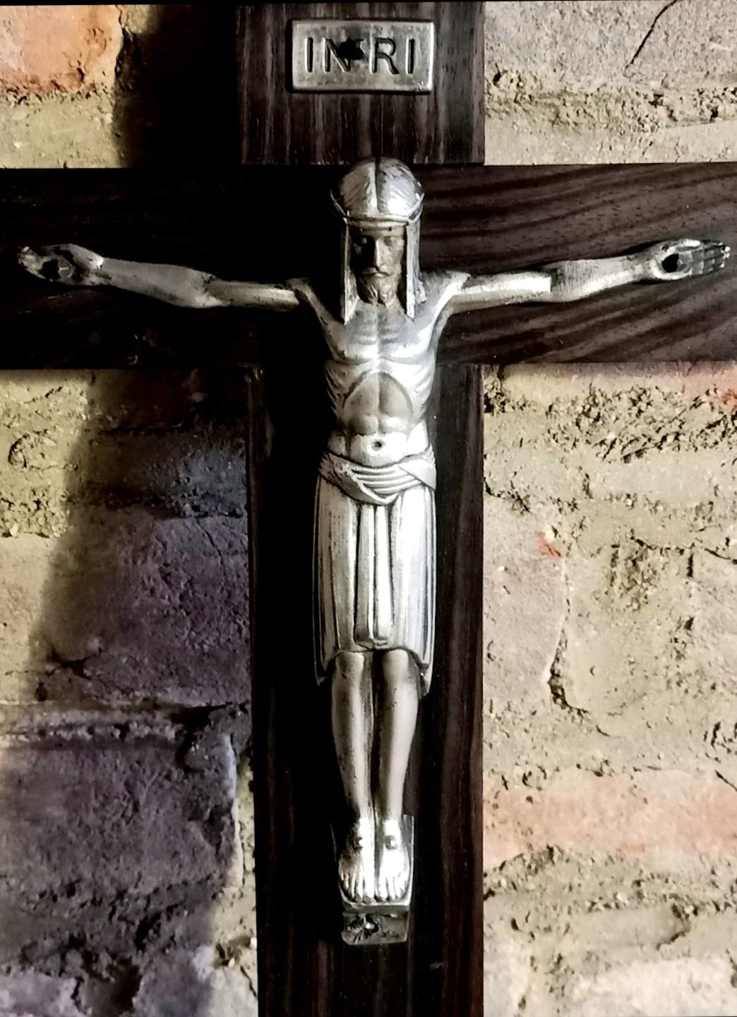 Art Deco Crucifix Silver or Alpaca and Coromandel Wood, Spain, 1930s For Sale 8