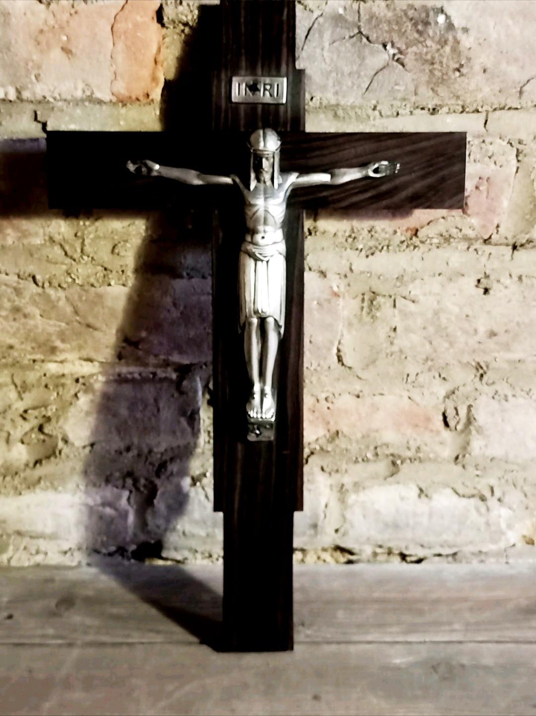 Art Deco Crucifix Silver or Alpaca and Coromandel Wood, Spain, 1930s For Sale 9