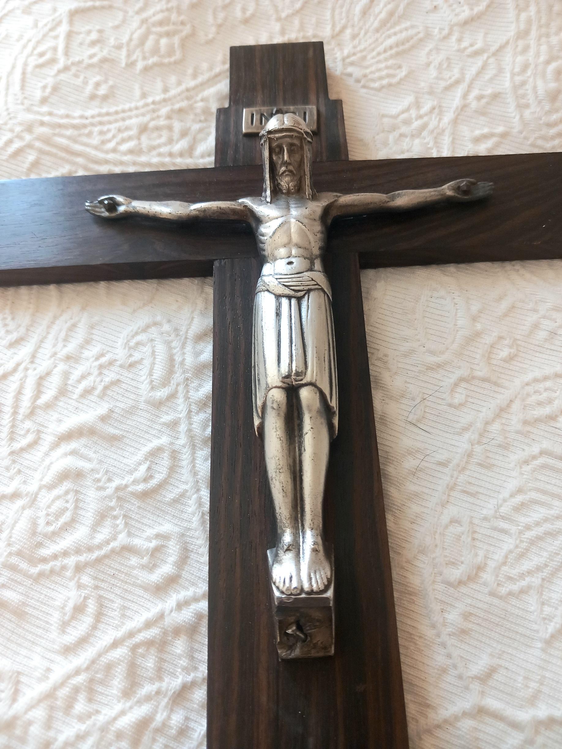 Art Deco Crucifix Silver or Alpaca and Coromandel Wood, Spain, 1930s For Sale 10