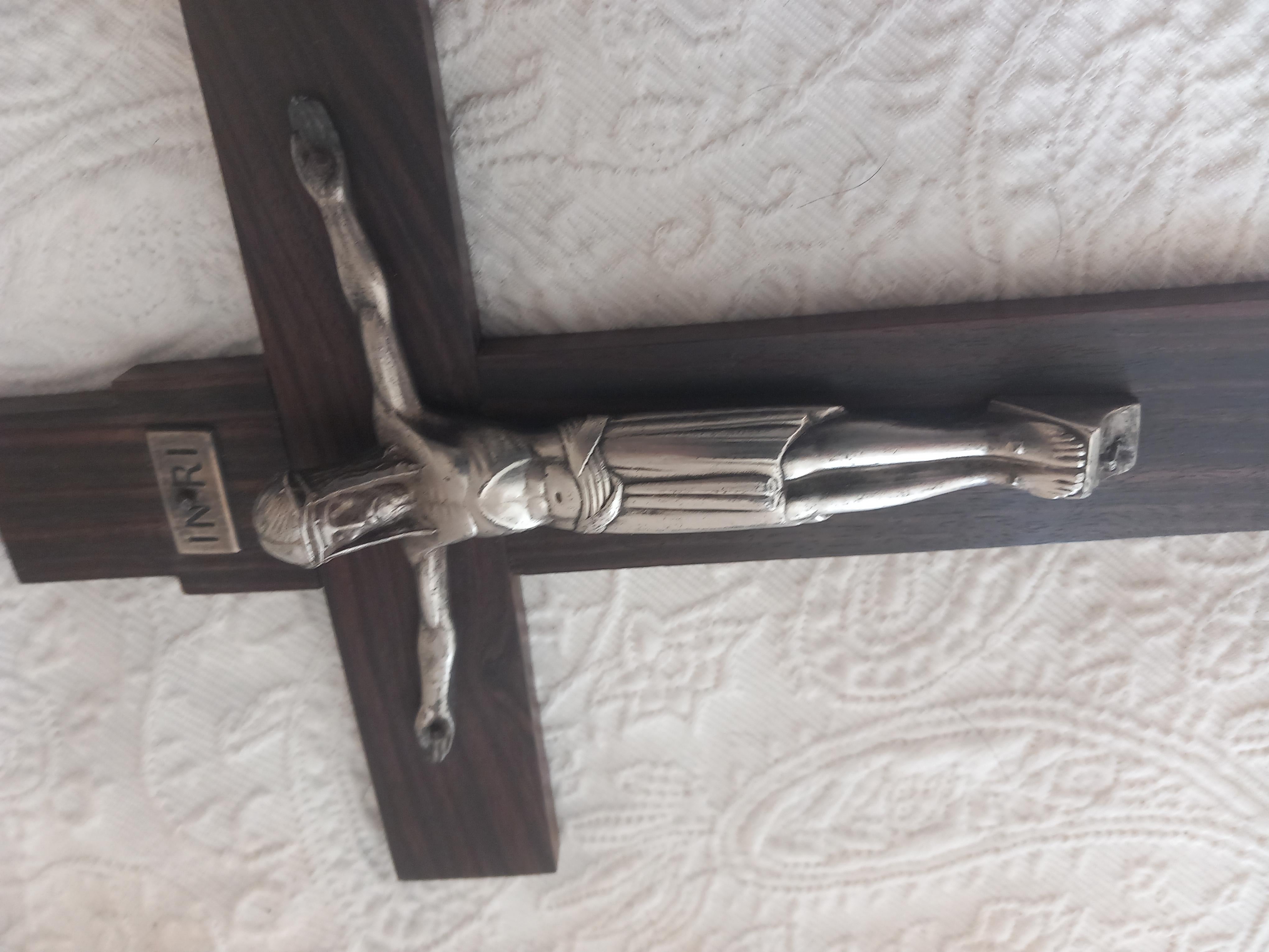 Art Deco Crucifix Silver or Alpaca and Coromandel Wood, Spain, 1930s For Sale 11