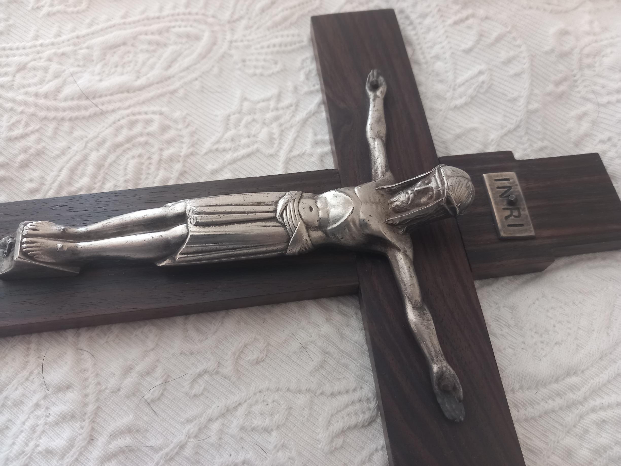 Art Deco Crucifix Silver or Alpaca and Coromandel Wood, Spain, 1930s For Sale 12