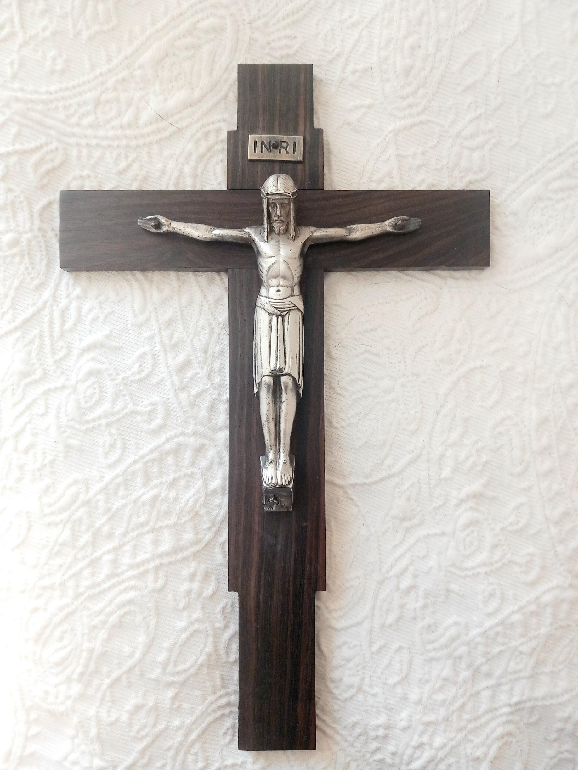 Art Deco Crucifix Silver or Alpaca and Coromandel Wood, Spain, 1930s For Sale 13