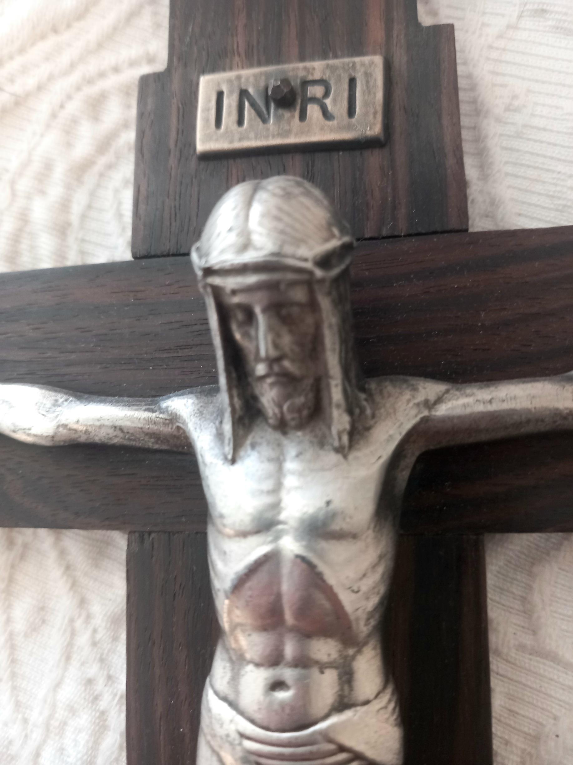 Art Deco Crucifix Silver or Alpaca and Coromandel Wood, Spain, 1930s In Excellent Condition For Sale In Mombuey, Zamora