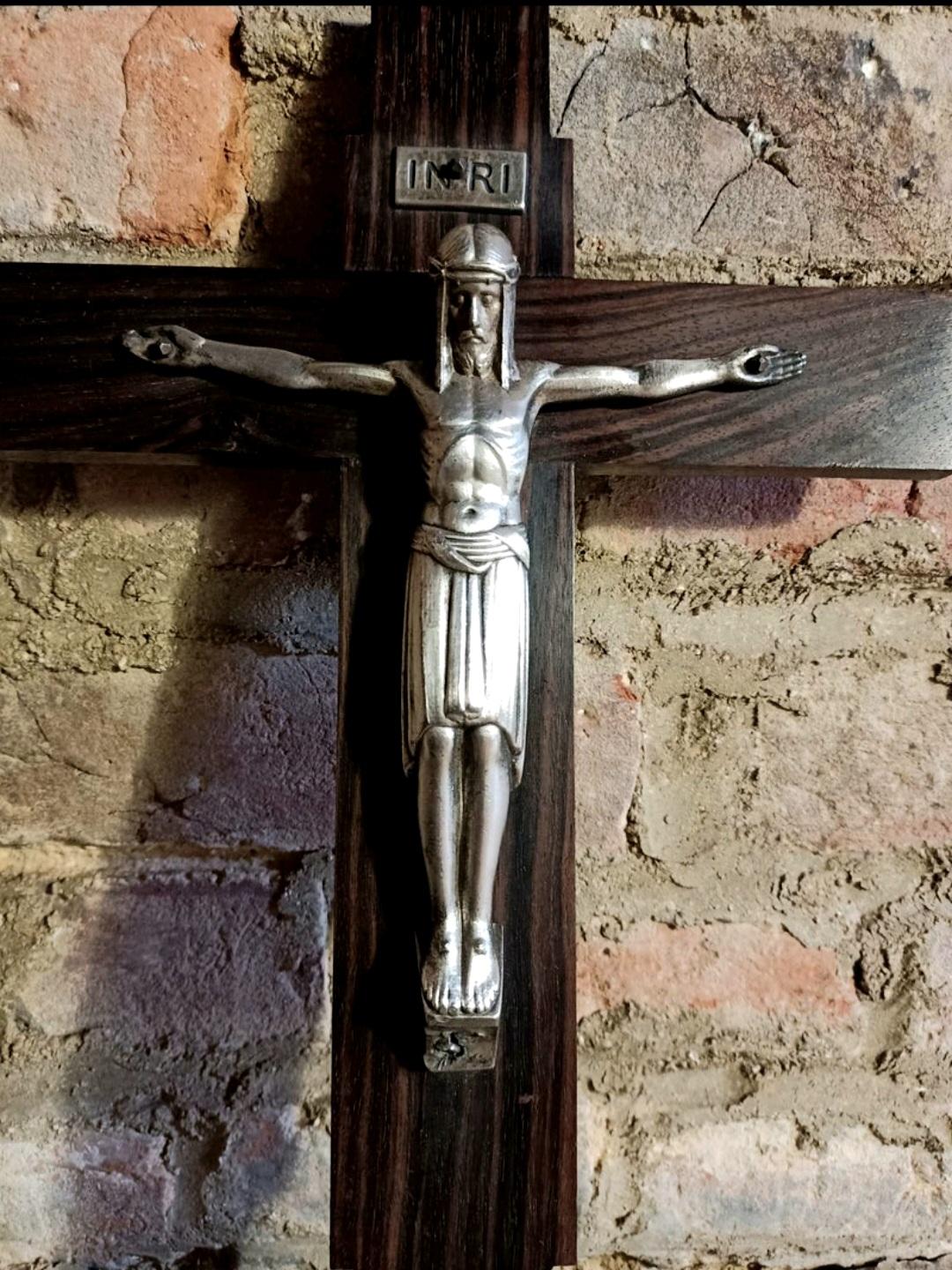 Art Deco Crucifix Silver or Alpaca and Coromandel Wood, Spain, 1930s For Sale 1