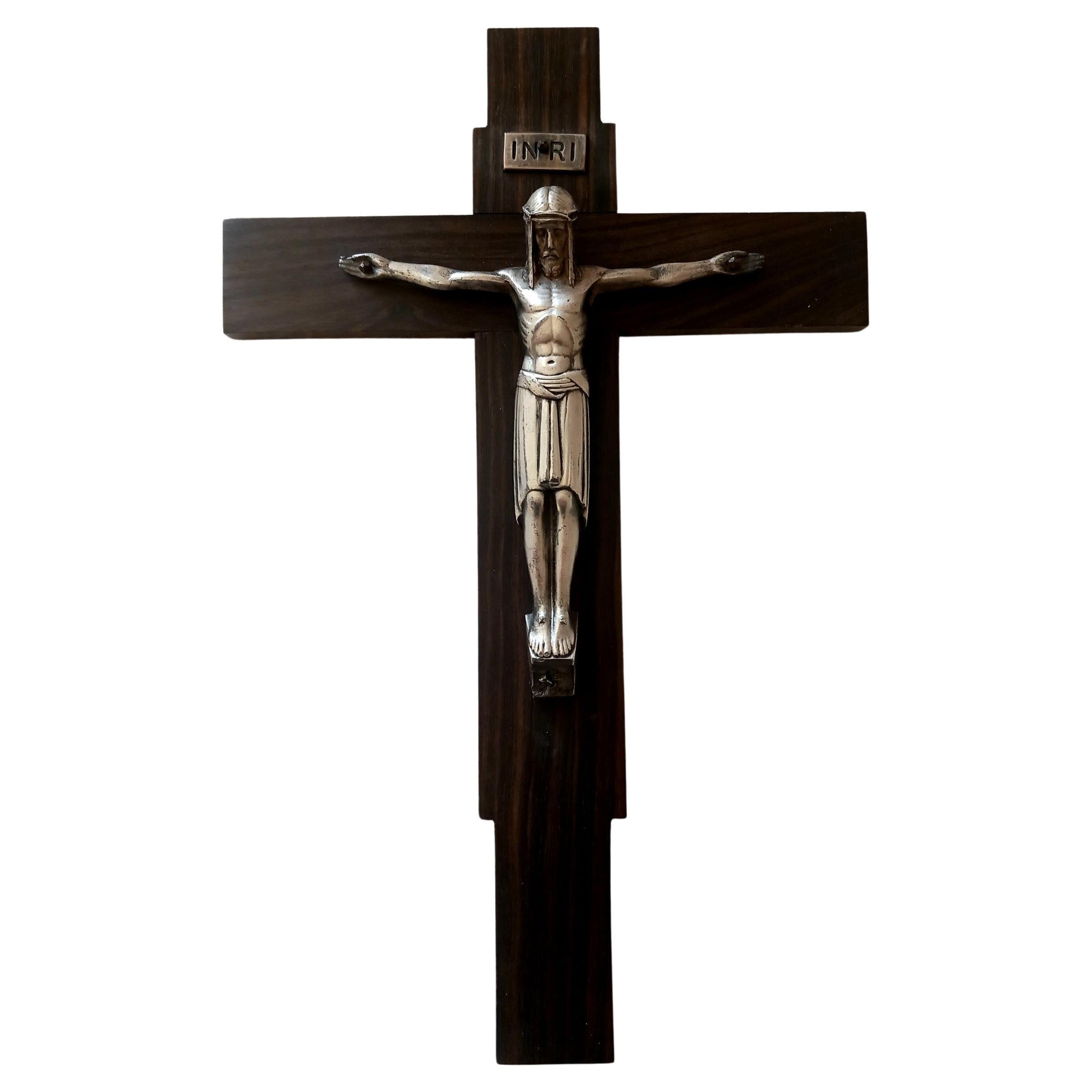 Art Deco Crucifix Silver or Alpaca and Coromandel Wood, Spain, 1930s For Sale 2