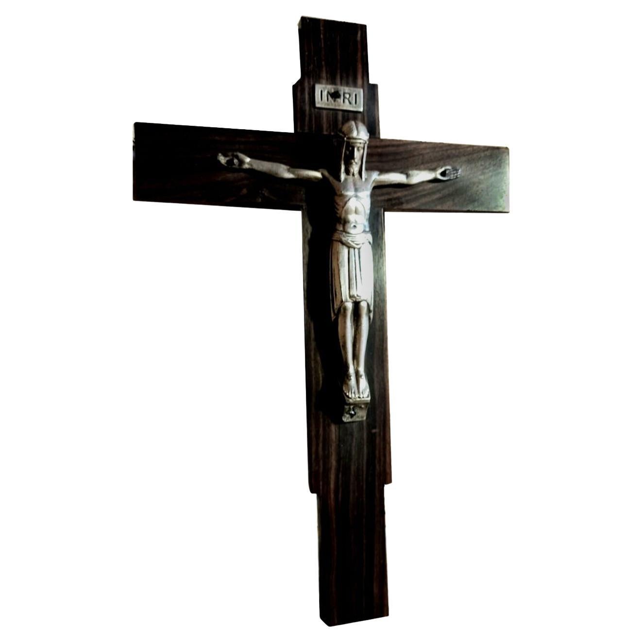 Art Deco Crucifix Silver or Alpaca and Coromandel Wood, Spain, 1930s For Sale 3