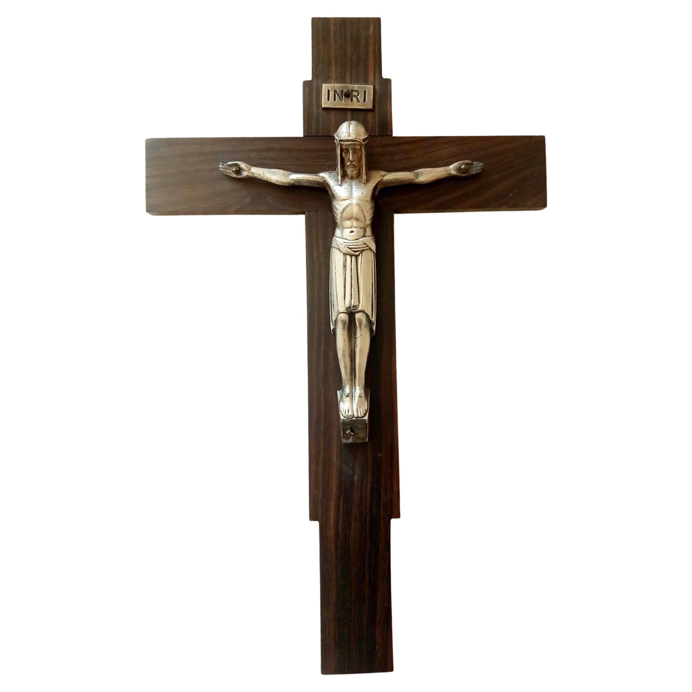 Art Deco Crucifix Silver or Alpaca and Coromandel Wood, Spain, 1930s For Sale