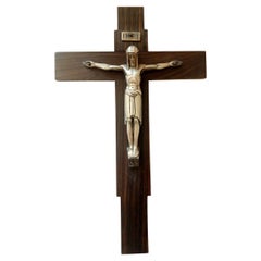 Art Deco Crucifix Silver or Alpaca and Coromandel Wood, Spain, 1930s