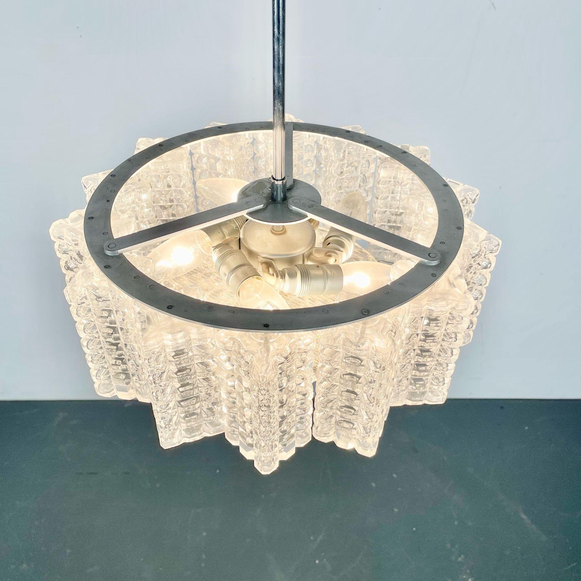 Art Deco, Chandelier, Textured Glass, Chrome, Sweden, Circa 1930s For Sale 5