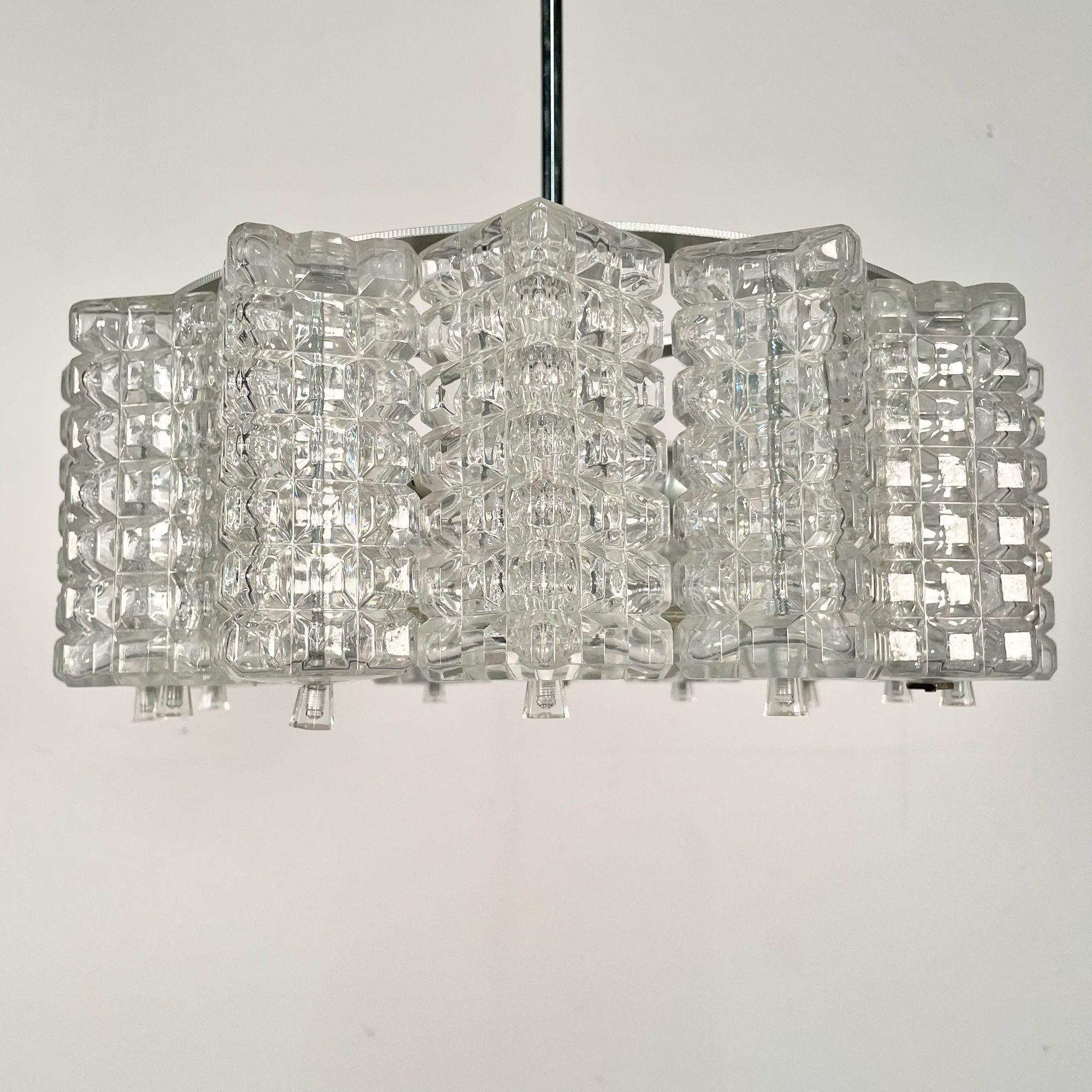 Art Deco, Chandelier, Textured Glass, Chrome, Sweden, Circa 1930s For Sale 7