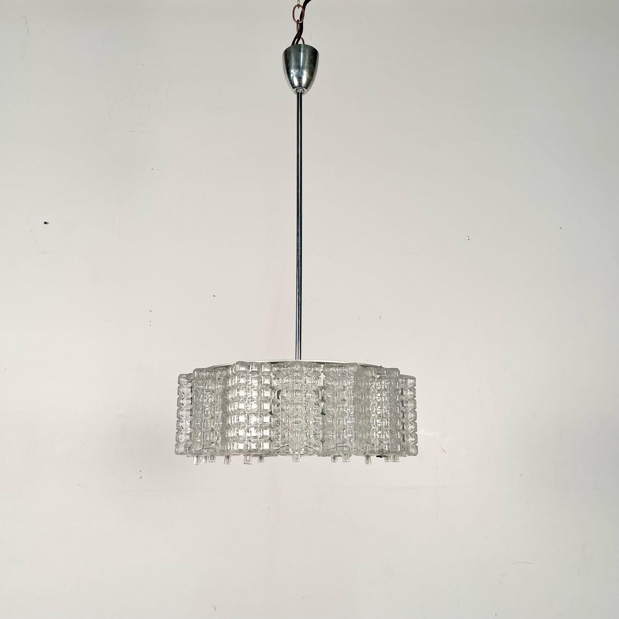 Metal Art Deco, Chandelier, Textured Glass, Chrome, Sweden, Circa 1930s For Sale