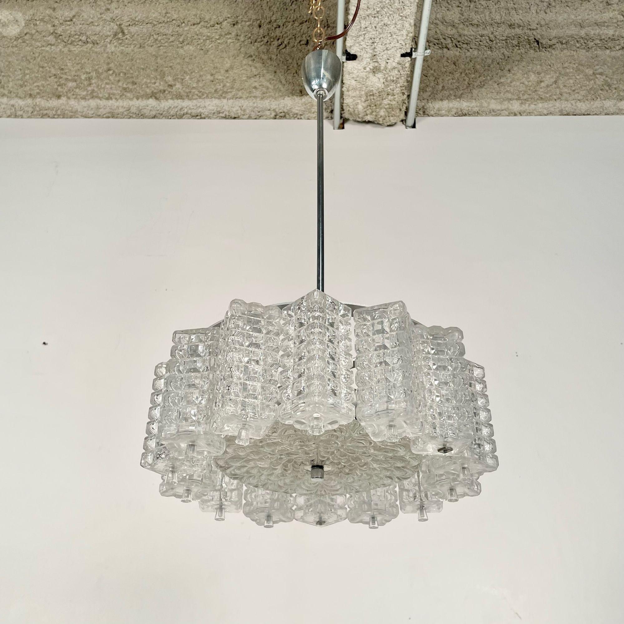 Art Deco, Chandelier, Textured Glass, Chrome, Sweden, Circa 1930s For Sale 1