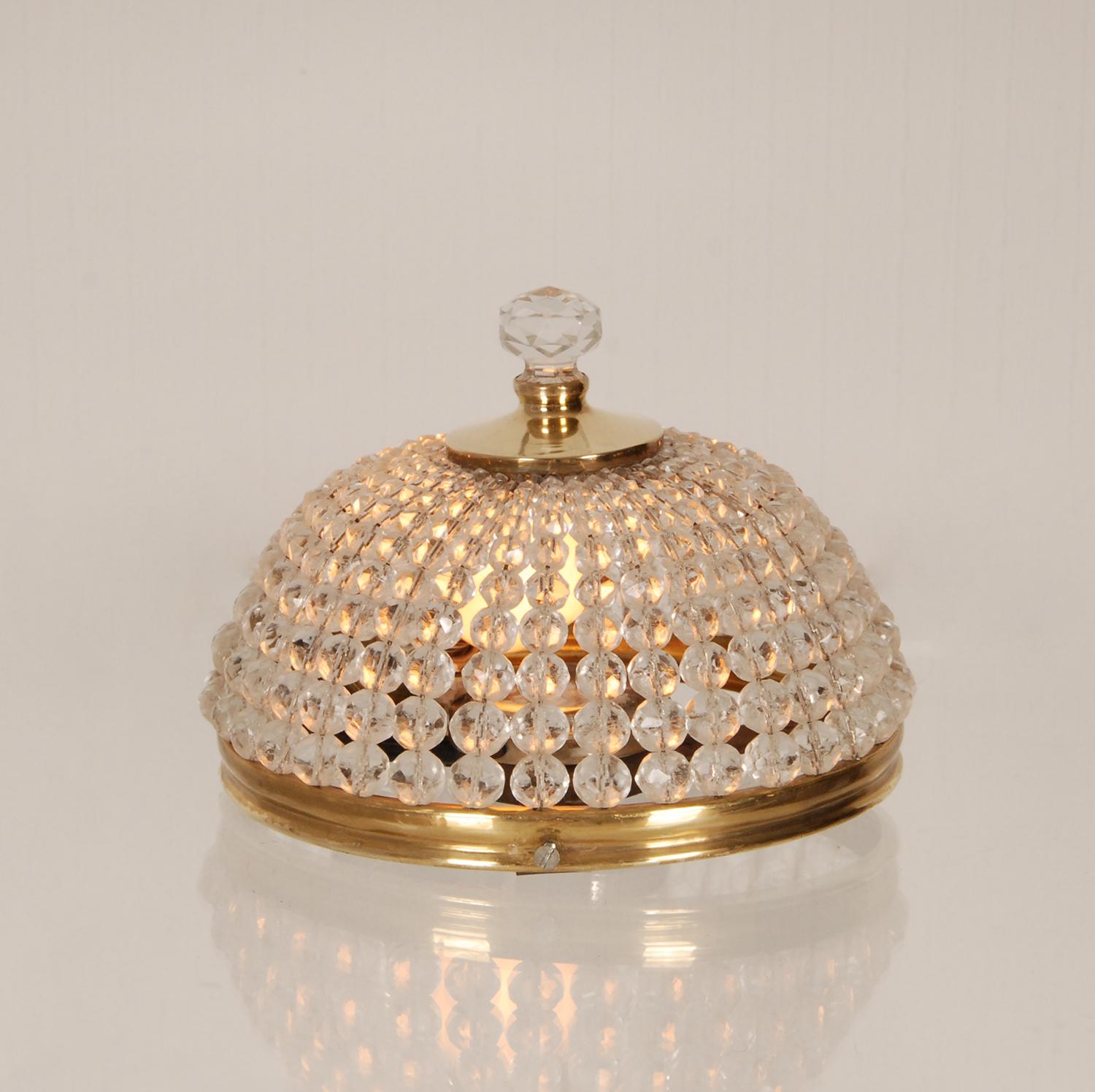 Austrian Art Deco Crystal and Gold Gilt Brass Flush Mount Ceiling Fixture Crystal Beaded For Sale