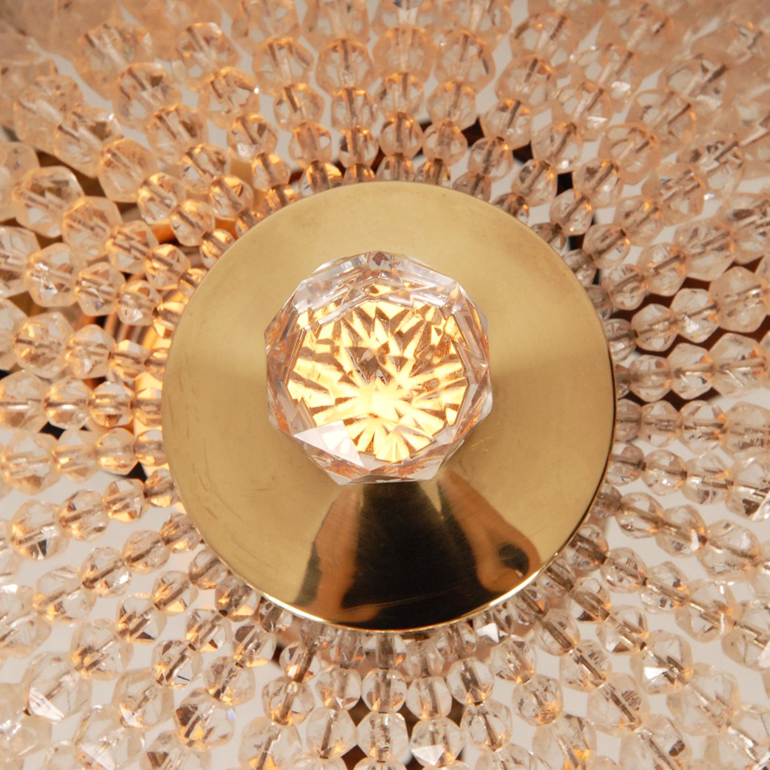 Hand-Woven Art Deco Crystal and Gold Gilt Brass Flush Mount Ceiling Fixture Crystal Beaded